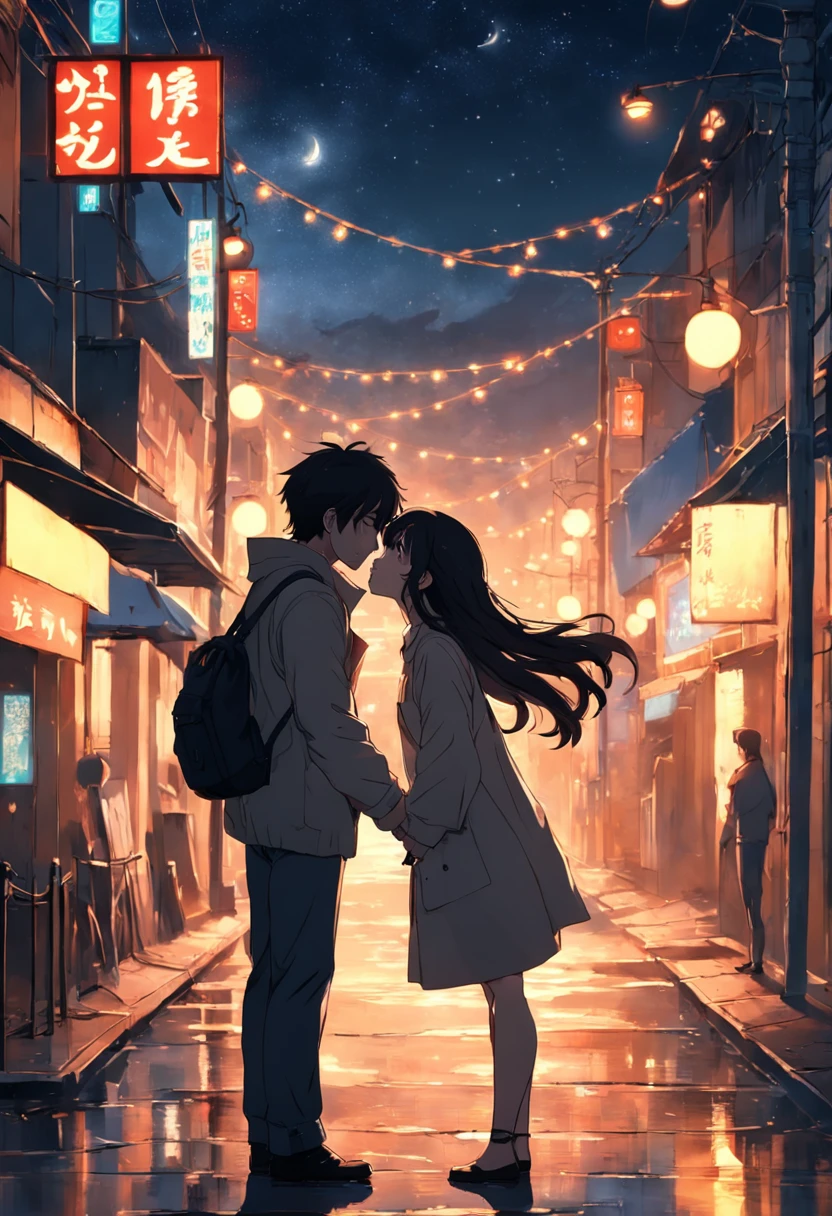 A couple kisses goodbye in an empty street, The street lamps at night shone on the two of them