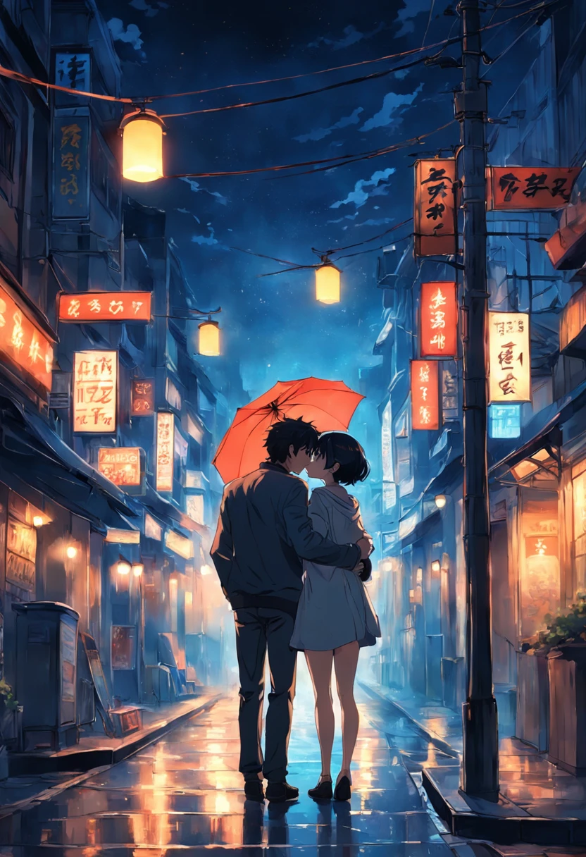 A couple kisses goodbye in an empty street, The street lamps at night shone on the two of them