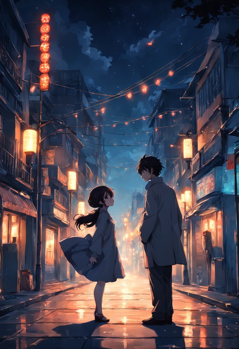 A couple standing in the middle of a street at night - SeaArt AI