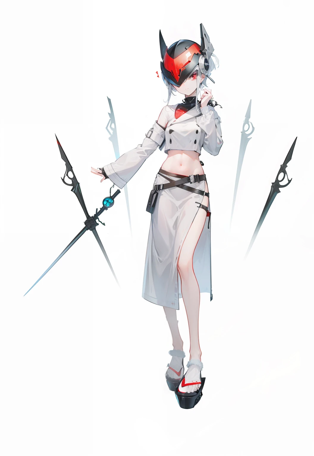 The spider mechanical helmet has a large red eye and two small red eyes on it,The helmet covers one eye of the character