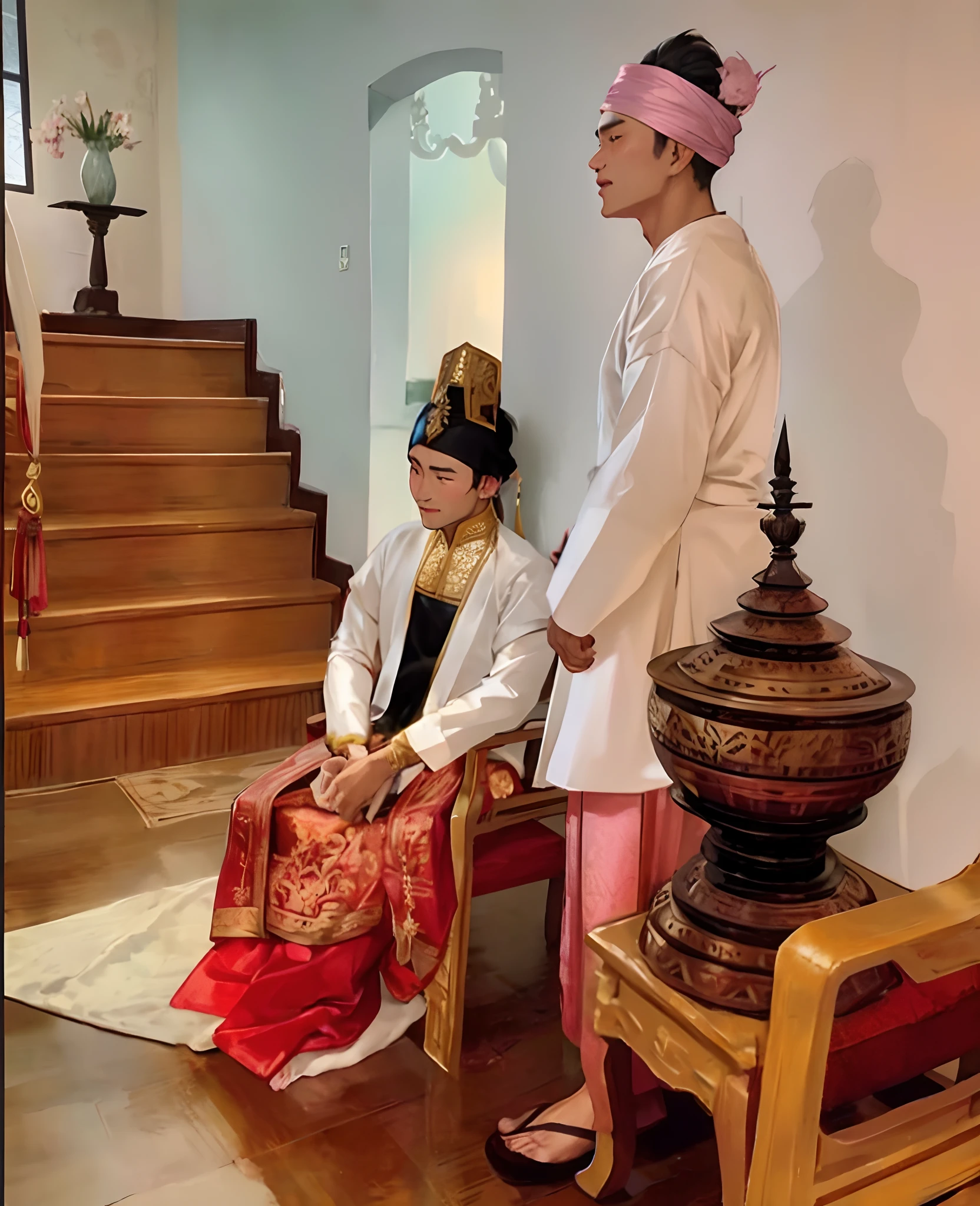 There is 1 man standing behind soon oat lacquareware bowl handicraft, Myanmar style, ancient Burmese costume, he is wearing traditional Burmese tho yin long silk shirt white color, there is silk ivory colored turban around his head and two pieces of silk is protruding above his head, wearing a large gold earring at his ears, wearing long pink silk Acheik Acheiq wavy pattern Burmese longyi, handsome face with detailed facial features and he is smiling, he is wearing thick velvet slippers, correct accurate anatomy and arrangement of body and body parts, there is also a woman sitting wearing ancient myanmar burmese lady costume, traditional clothes, i wearing authentic attire, traditional dress, seated in royal ease, traditional clothing, professional photoshoot, traditional myanmar burmese costume, wearing correct era clothes, happy mood, ancient burma myanamr environement, haute couture sense, depth of field, sharpness, shadow, fined detailed high quality illustration art, masterpiece