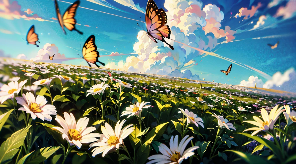 (Mono Color:0.9),(a color:1.1),(tmasterpiece:1,2), best qualtiy, tmasterpiece, High- sharpness, Original, extremelydetailedwallpaper,From the picture, We can see the trees on the shore towering into the clouds,The branches are full of flowers,Flocks of butterflies dance among the flowers,In this garden-like world,It looks even more beautiful and sacred,cinema shot