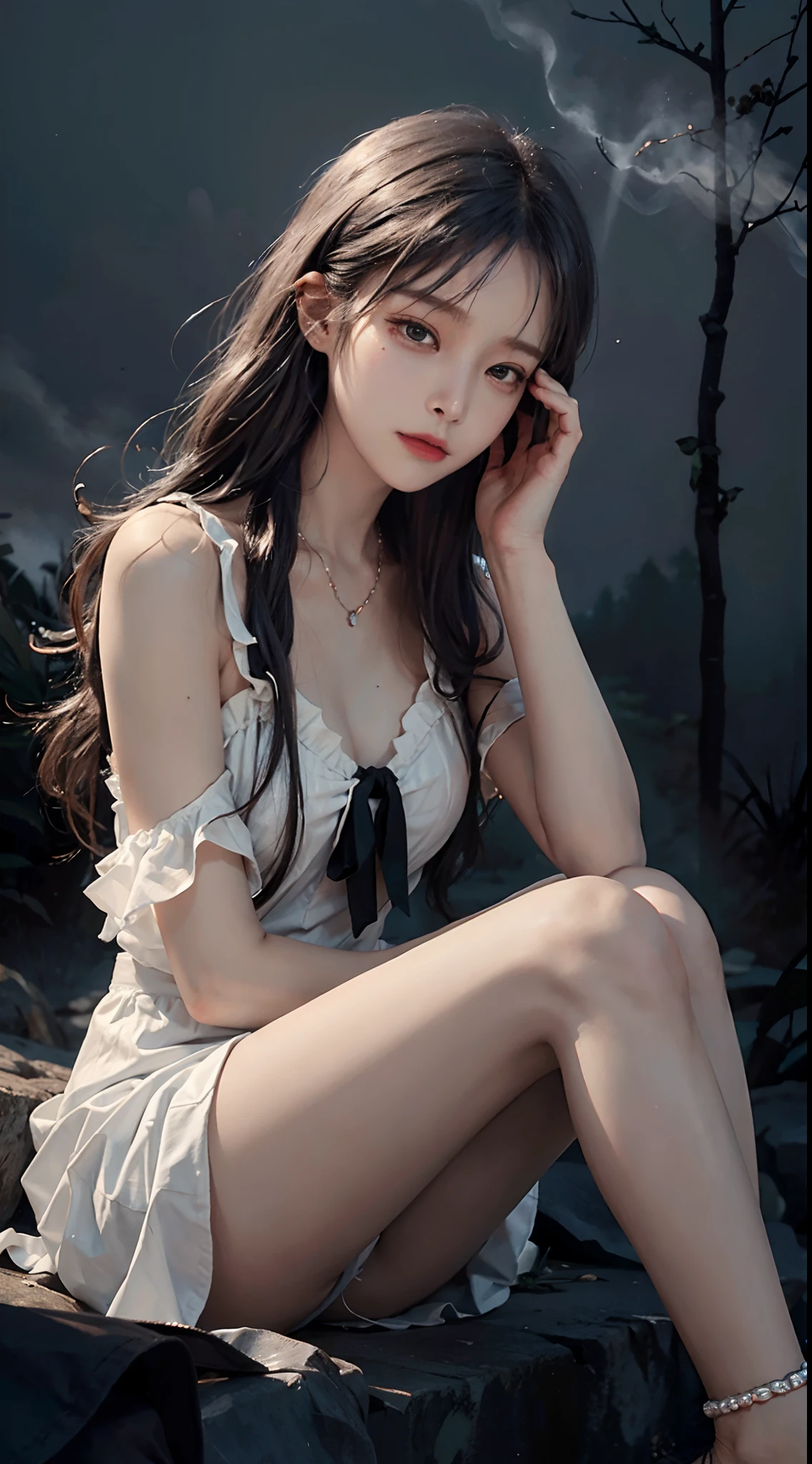 Best quality,masterpiece,ultra high res,photorealistic,raw photo,unity 8k wallpaper,(film grain:1.3),depth of field,cowboy shot,The atmosphere of loneliness and sadness,Melancholy tone,narrow waist,dynamic pose,low key,dark,night,
(Fog forest:1.2),haze,wind,long curly hair,1girl,sad,lonely,elegant,(closed eyes:1.1),distress,black nightgown,sitting,(holding leg:1.2),frown,pearl anklet,