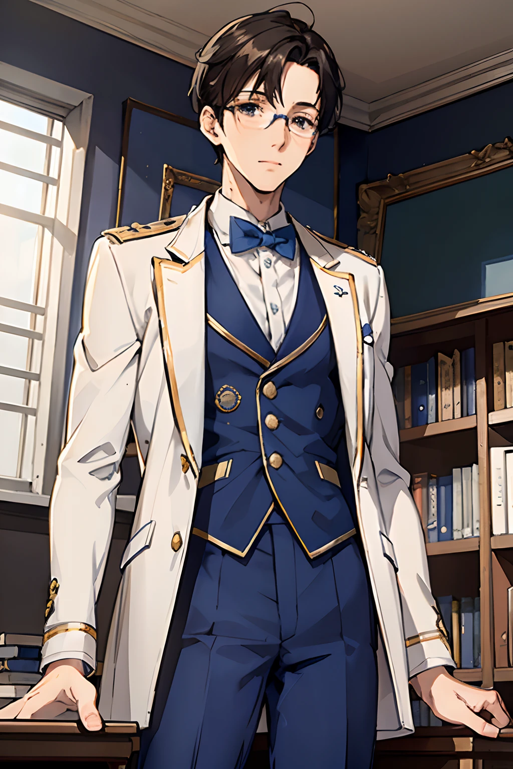 elite school uniform, blue white gold uniform, dark blue pants, white jacket gold buttons, blue accents, young men, 20 years, short back hair, glasses, skinny, light brown eyes, weak, tall, nerd, shy, books in hand, masterpiece, classroom background, school