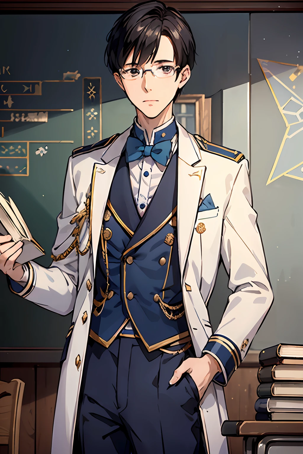 elite school uniform, blue white gold uniform, dark blue pants, white jacket gold buttons, blue accents, young men, 20 years, short black hair, glasses, skinny, light brown eyes, weak, tall, nerd, shy, books in hand, masterpiece, classroom background, school