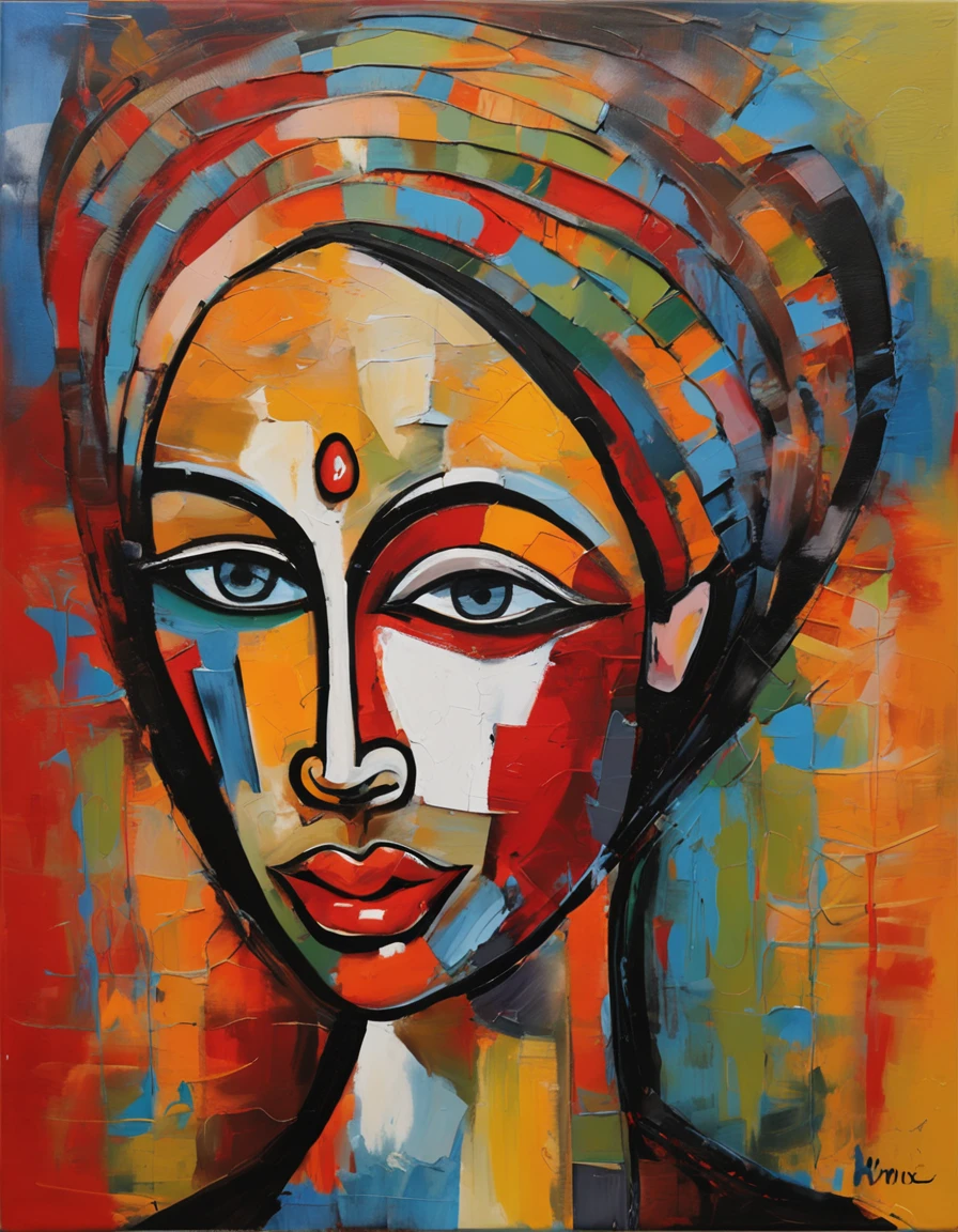 Imagen centrada. Pintura facial de Mujer oriental, sobre un fondo negro, Cara abstracta, Retrato abstracto, Cara estilizada, Pintura de arte pop, Cara detallada altamente expresiva, Expresivo rostro femenino, estilo Picasso, Una pintura de arte pop, Hermosa pintura expresiva, Detailed face of an Asian woman Detailed expression, Estilo Picasso, Estilo cubismo