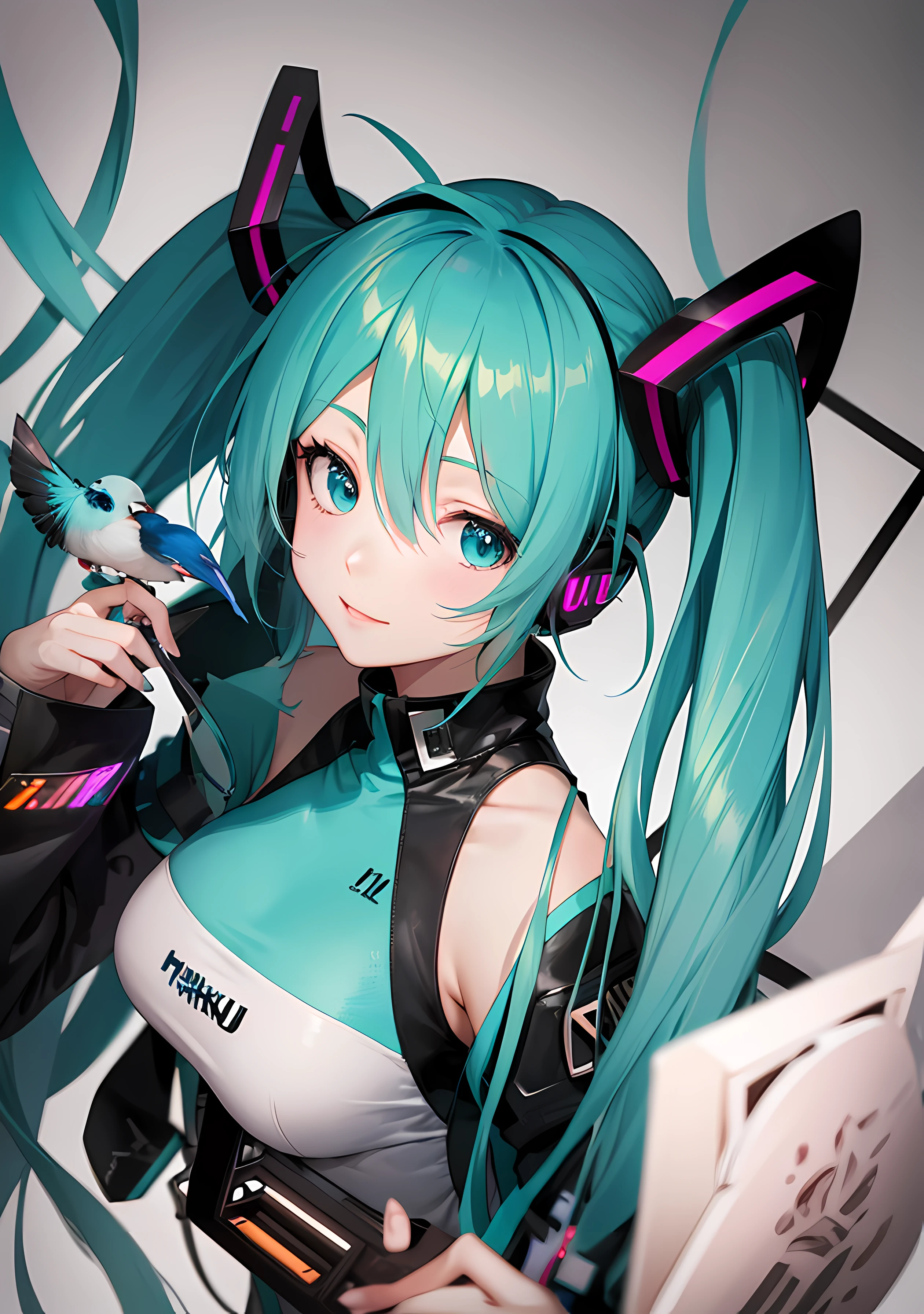 Anime girl with blue hair and a bird on her head, Portrait of Hatsune Miku, Mikudayo, hatsune miku portrait, anime style 4 k, Anime girl with teal hair, Miku, hatsune miku face, VOCALOID, 4k anime wallpaper, Hatsune Miku, anime wallpaper 4 k, anime wallpaper 4k, Anime art wallpaper 8k、Black hair