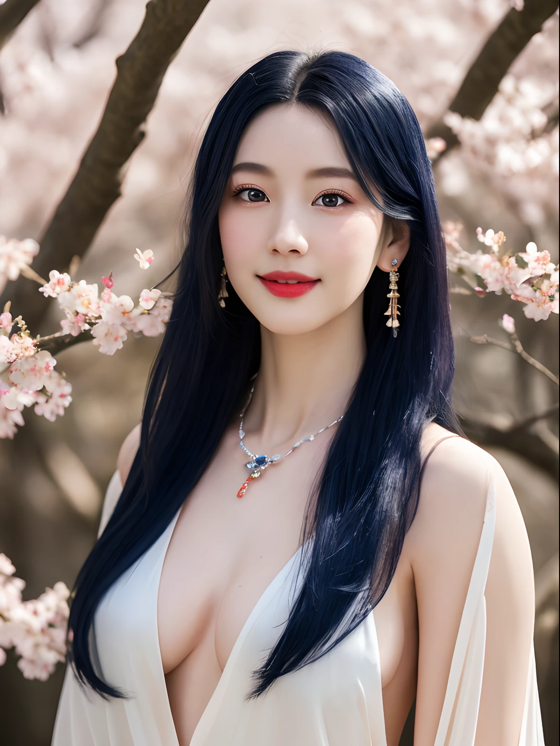 (masterpiece), (best quality), (ultra detailed),(highres), full body photo,abrudrres, ultra realistic 4k CG, delicate pattern, intricate details, best illumination, best shadow, natural lighting, depth of field, blurry, 1girl, solo, medium_breasts,necklace,earrings,jewelry,black jade hair,solo,earrings,blue eyes,long hair,necklace,smile,long leg,20 years old,shining skin,Transparent blue silk hanfu photo,floating hair,peach blossom,plum blossom,trees,outdoors,no bra, walking, erect