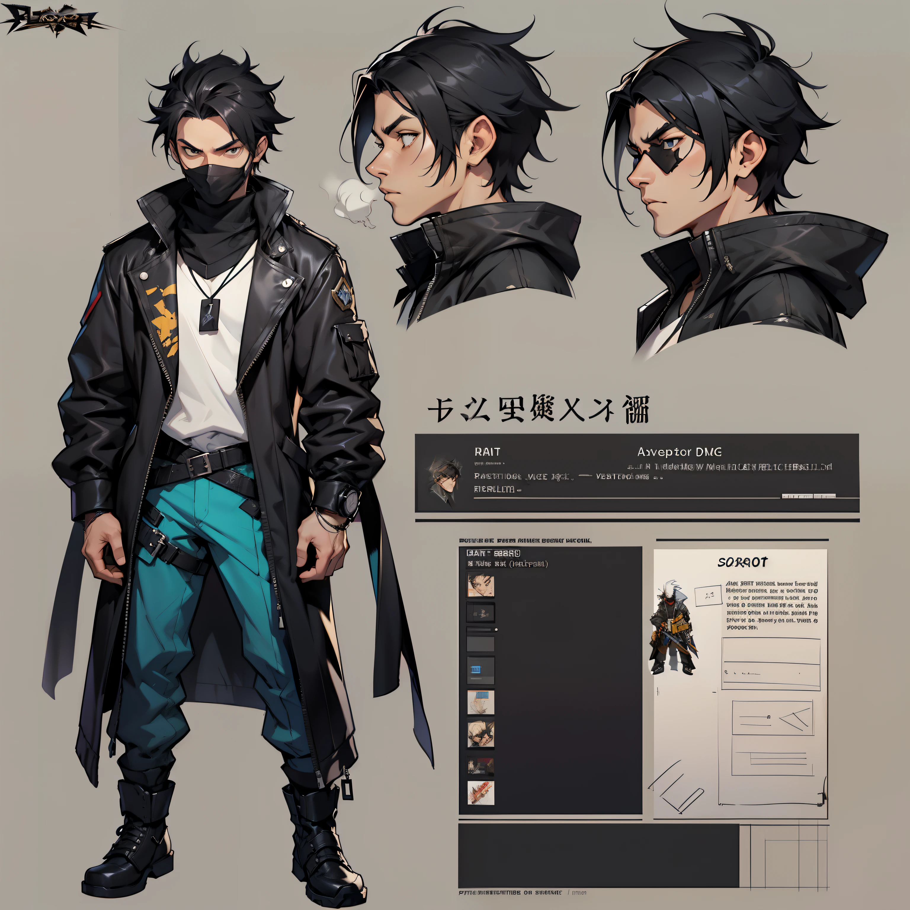A man with a black jacket over a white shirt, black ClothMask , pushed back black hair , ((character concept art)), ((character design sheet, same character, front, side, back)) maple story character art, video game character design, video game character design, expert high detail concept art, metal bullet concept art, funny character design, BLACK MASK IN HIS MOUTH , BLACK JACKET OVER A WHITE SHIRT , PUSHED BACK HAIRCUT