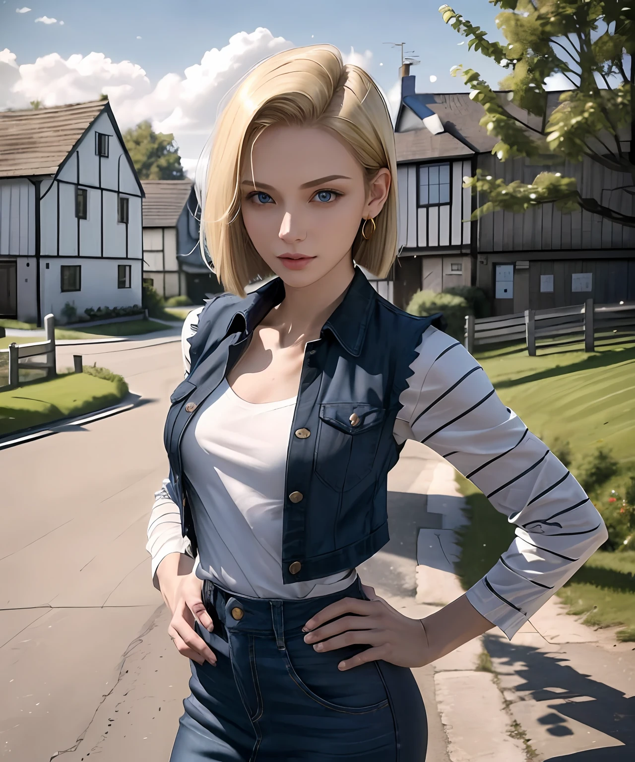 woman in her 20s, (android_18), (perfect face), defined jawline, beautiful lips, (short blonde straight bob cut hair), (beautiful bright blue eyes), (perfect anatomy), athletic body, (sexy), (perfect hands), (hands on waist), small simple gold earrings, (black shirt under unbuttoned blue denim vest), (long white striped sleeves), (denim skirt), (black pants), (medium shot photograph), (countryside village background), photorealistic