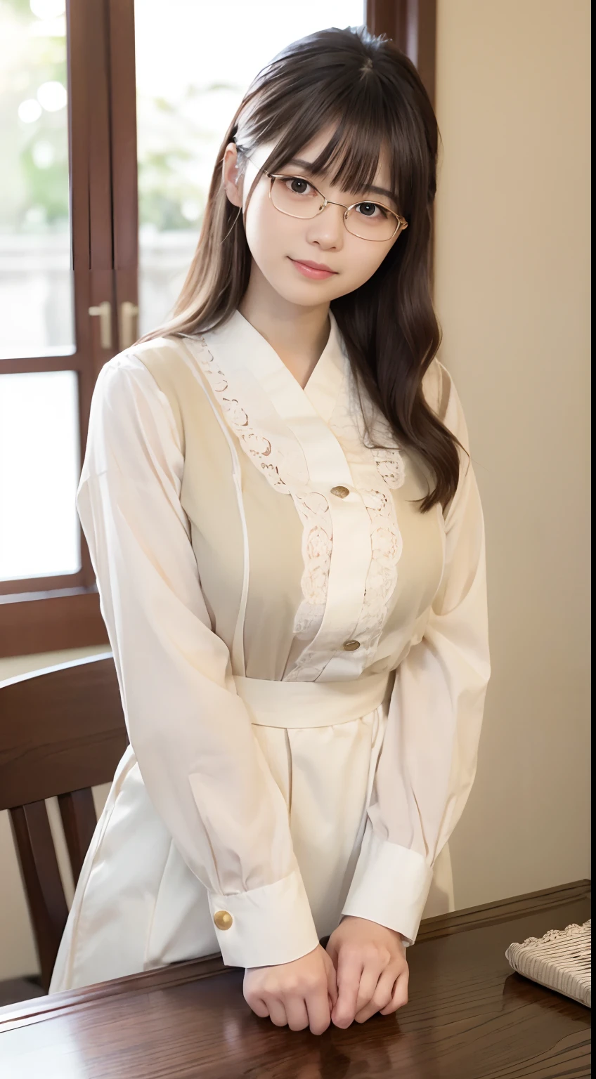 Raw photography、Beautiful Japan woman working at home, 20yr old, Eyeglasses, Dining table、during daytime、A smile、Detailed face, Perfect body ratio, Detailed finger, houseplant, (((photos realistic))), masutepiece, Lace curtains swaying in the wind、simple room, Gold ratio ratio,Curly hair、Short hair