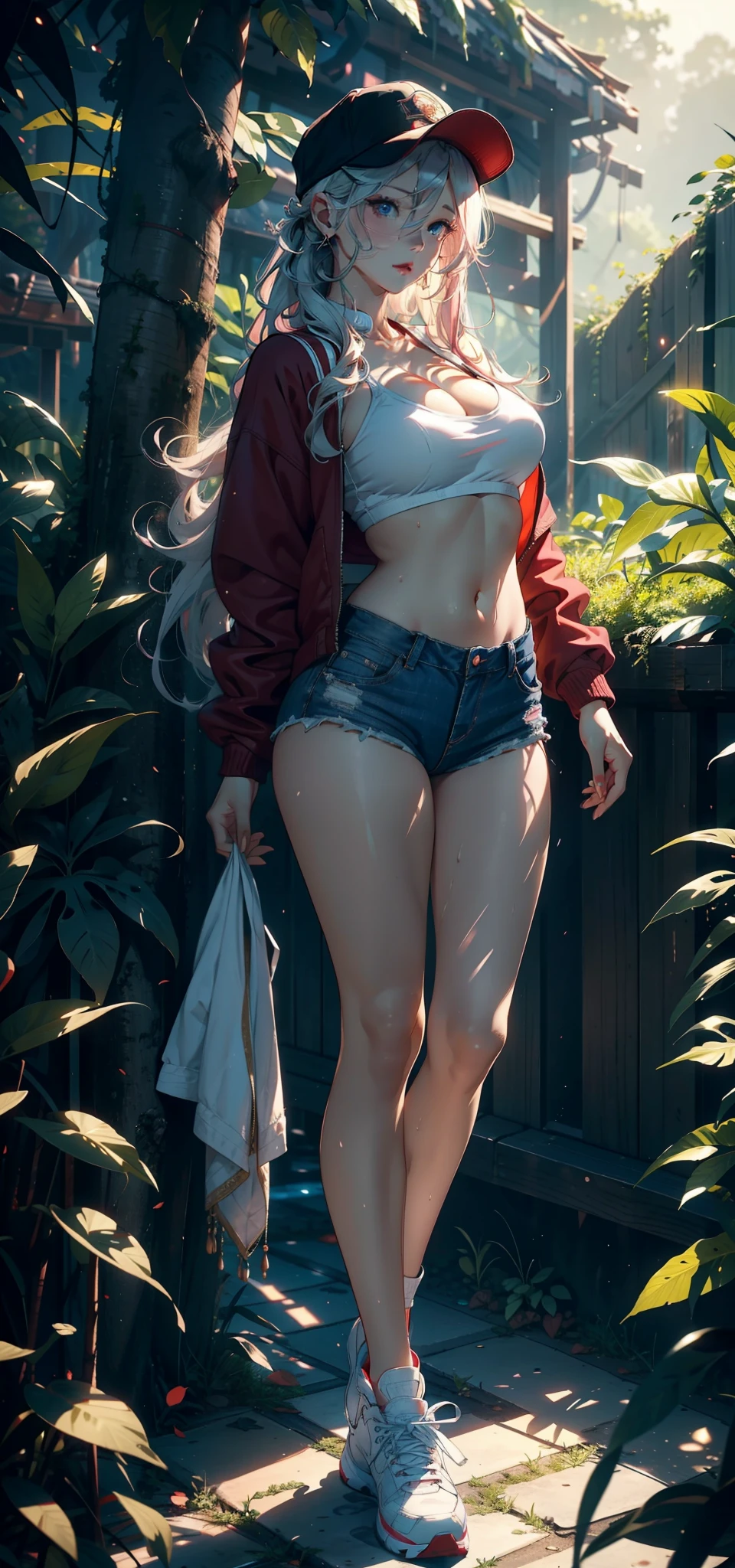 1female,35yo,熟妇,gigantic cleavage breasts,Big breasts Thin waist,long leges,Pornographic exposure, 独奏,(Background with:ln the forest,the rainforest,in summer) She has long black hair,standing on your feet,Sweat profusely,drenched all over the body,seen from the front, hair straight, mostly cloudy sky,(((tmasterpiece),(Very detailed CG unity 8K wallpaper),best qualtiy,cinmatic lighting,detailed back ground,beatiful detailed eyes,Bright pupils,(Very fine and beautiful),(Beautiful and detailed eye description),ultra - detailed,tmasterpiece,)),facing at camera,Full body photo,A high resolution,ultra - detailed),revealing breasts,Bare genitalia, Lower body elevation,Raised sexy,Camel toes,Flushed complexion,Open-mouthed,frontage,baseball cap(Wearing:Red baseball jacket,denim short,athletic sneakers)nakeness,