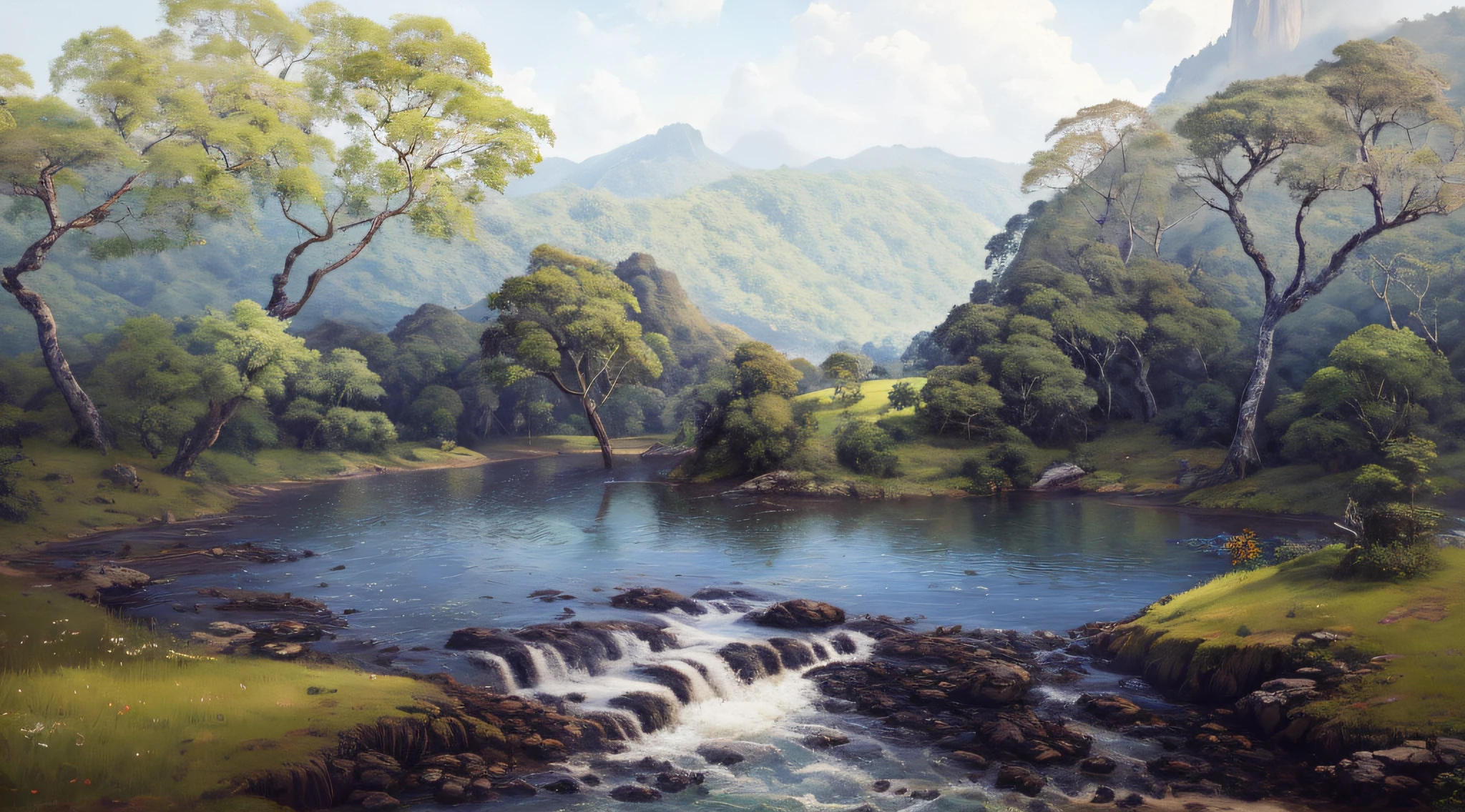 pintura de um rio que atravessa um vale verde exuberante com montanhas ao fundo, colinas fluidas, 8k resolution digital painting, 8k resolution digital painting, Pintura digital 4K, Pintura digital 4k, pintura digital detalhada, baixo detalhamento. pintura digital, Pintura Digital de Alto Detalhe, peaceful landscape, rio, trees and hills, pintura detalhada 4K, pintura digital 4k