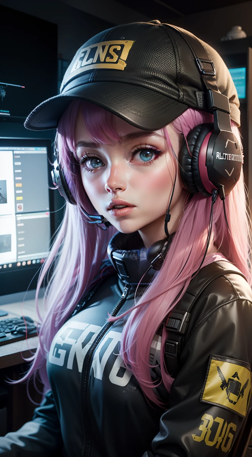 Cute Girl gamer with headphones, gaming room, pubg player