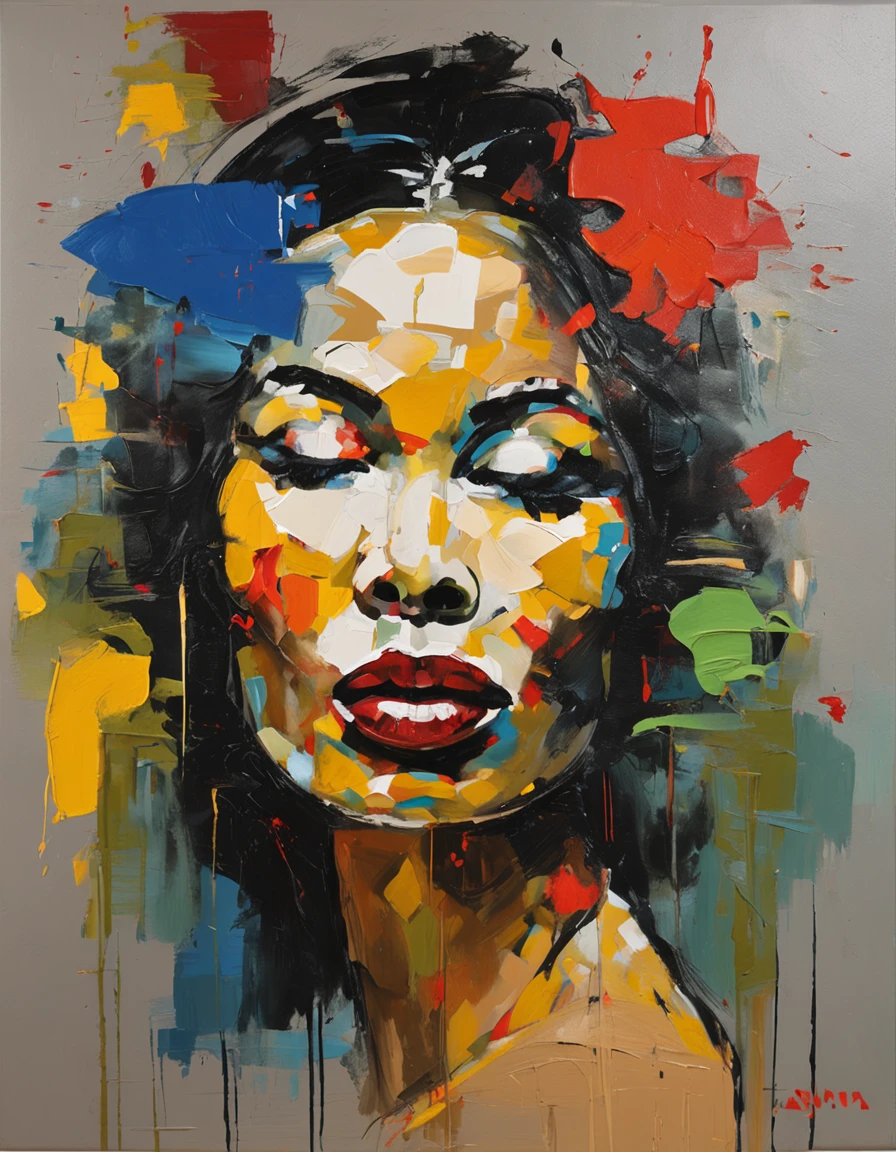 Imagen centrada. Pintura facial de Mujer oriental, sobre un fondo negro, Cara abstracta, Retrato abstracto, Cara estilizada, Pintura de arte pop, Cara detallada altamente expresiva, Expresivo rostro femenino, estilo Picasso, Una pintura de arte pop, Hermosa pintura expresiva, Detailed face of an Asian woman Detailed expression, Estilo Picasso, Estilo cubismo