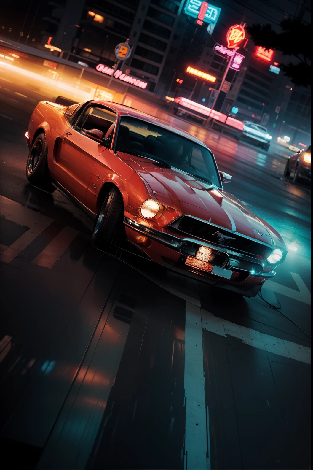 Main Subject: Vintage convertible car (e.g., classic red Mustang)
View Angle: Top-down, capturing open-roof freedom
Main Feature: Artistic illustration with detailed linework
Inspiration/Style: Retro comic book art meets modern aesthetics
Scene Position: Cruising through a neon-lit futuristic city
Background/Location: Futuristic cyberpunk metropolis
Scene Composition: Car slightly off-center, cityscape in focus
Lighting: Neon lights and rain-slicked streets, reflections
Post-Processing: Comic book halftone effect, dynamic lighting
Reference/Artist: Bruce Timm, Katsuhiro Otomo
Lens: 35mm lens, capturing the urban vibe