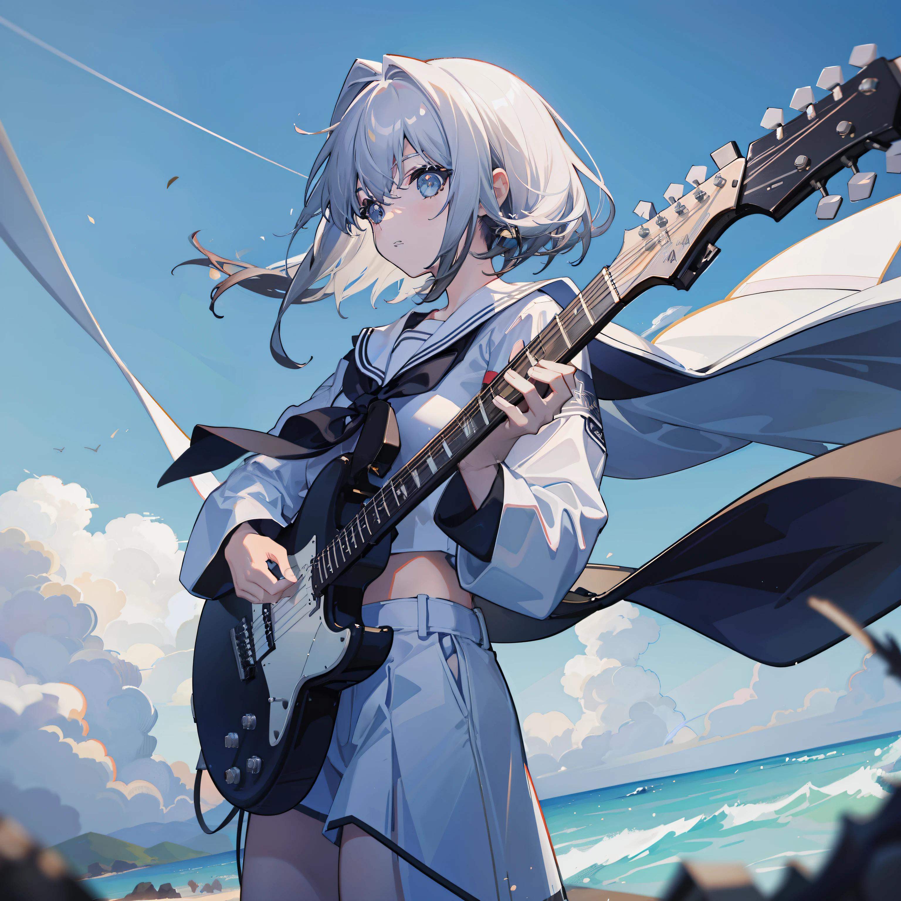 1 Girl, holding electric guitar, Small Breasts, swimsuit, Practical, beach, wet, ocean, Umbilical cord, Sky, clavicle,masterpiece, best quality, High resolution, Fine details,