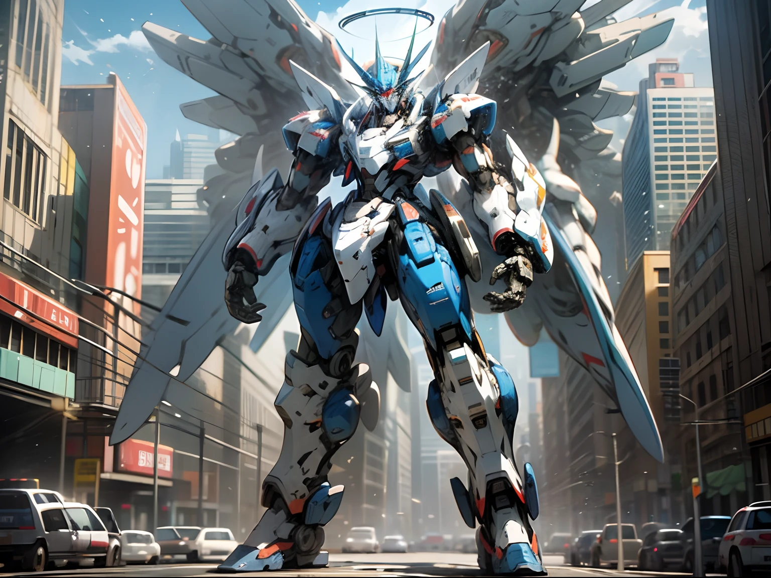 k hd、Best picture quality、ultra - detailed、Beautiful illustrations,Arape robot standing on a city street, Mecha suit, cool mecha style, anime large mecha robot, Full body mecha, mecha anime, Full body blue mech, Blue transparent mask,painterly humanoid mecha, Alexander Ferra Mecha, modern mecha anime, Blue mech, japanese mecha, full body mecha suit,Metal wings,The halo behind it