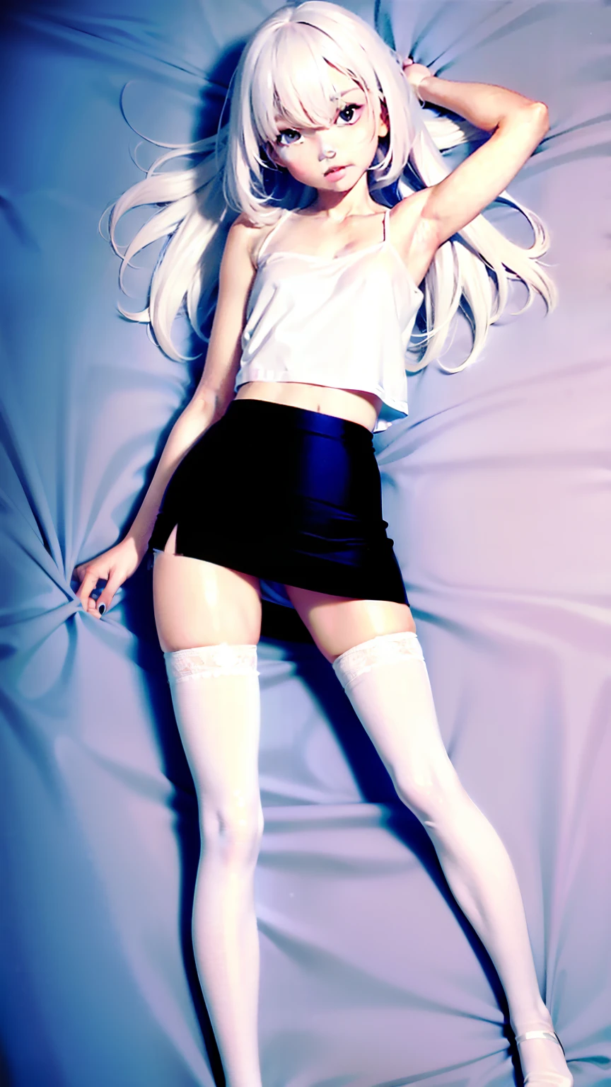 a beauty girl,Single portrait,Super-short top,White over-the-knee stockings ,Superskirt,Long messy hair,Lie flat all over the sheets,White over-the-knee stockings,legs separated,Slender beautiful legs,flat lay,Full body like,Over-the-knee socks optimized,Leg optimization,Translucent miniskirt,