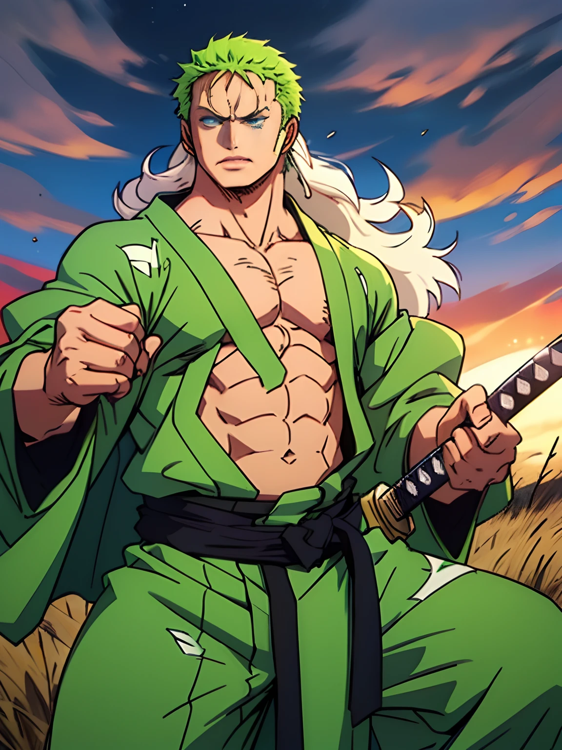 Roronoa Zoro (Masterpiece, 4k resolution, ultra-realistic, very detailed), male, Muscular body, Imposing body, Imposing appearance, muscular arms, muscular legs, only body, trapezoid torso, sturdy body, muscular body, defined round and fleshy pecs, defined washboard ABS, defined arms, defined legs, long GREEN straight hair, (Theme of white samurai, charismatic, there is a swordsman next to a Japanese "isakaya" bar, wearing a blue kimono with cloud details on the "obi" track, he is commander of the first division of the leader of the mugiwara band, work "One Piece"), [ ((19 years), (long green straight hair:1.2), long GREEN straight hair, full body, (blue eyes:1.2), ((Roronoa Zoro's pose), show of strength, unsheathing with one hand his katanas enma), ((Japanese rural environment):0.8)| (rural landscape, at dusk, dynamic lights), (blinded sun)), 1 katana]. # Explanation: Prompt mainly describes a 4k painting of ultra-high definition, LONG GREEN straight hair, very realistic, very detailed. It shows a swordsman, master of the Santoryu style of katanas, wearing a blue kimono with cloud details at the waist band. The subject in the painting is a subject of a white swordsman, holding with one hand his black katana enma, the male protagonist has LONG green straight hair, is 19 years old and his entire defined body is shown in the painting, with characteristics of pumped endomorph.