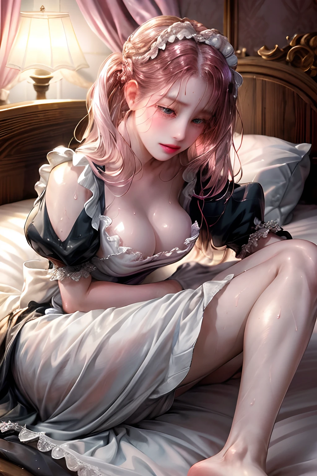 Young maid of one of the nobles、(((Monotone maid clothes)))Normal breasts、sweat-wet skin、on the beds、Wide legs open、((Brothels))、(((Pink lighting)))