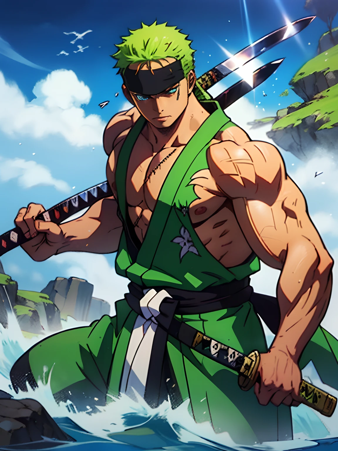 Roronoa Zoro (Masterpiece, 4k resolution, ultra-realistic, very detailed), male, Muscular body, Imposing body, Imposing appearance, muscular arms, muscular legs, only body, trapezoid torso, sturdy body, muscular body, defined round and fleshy pecs, defined washboard ABS, defined arms, defined legs, long GREEN straight hair, (Theme of white samurai, charismatic, there is a swordsman next to a Japanese "isakaya" bar, wearing a blue kimono with cloud details on the "obi" track, he is commander of the first division of the leader of the mugiwara band, work "One Piece"), [ ((19 years), (long green straight hair:1.2), long GREEN straight hair, full body, (blue eyes:1.2), ((Roronoa Zoro's pose), show of strength, unsheathing with one hand his katanas enma), ((Japanese rural environment):0.8)| (rural landscape, at dusk, dynamic lights), (blinded sun)), 1 katana]. # Explanation: Prompt mainly describes a 4k painting of ultra-high definition, LONG GREEN straight hair, very realistic, very detailed. It shows a swordsman, master of the Santoryu style of katanas, wearing a blue kimono with cloud details at the waist band. The subject in the painting is a subject of a white swordsman, holding with one hand his black katana enma, the male protagonist has LONG green straight hair, is 19 years old and his entire defined body is shown in the painting, with characteristics of pumped endomorph.