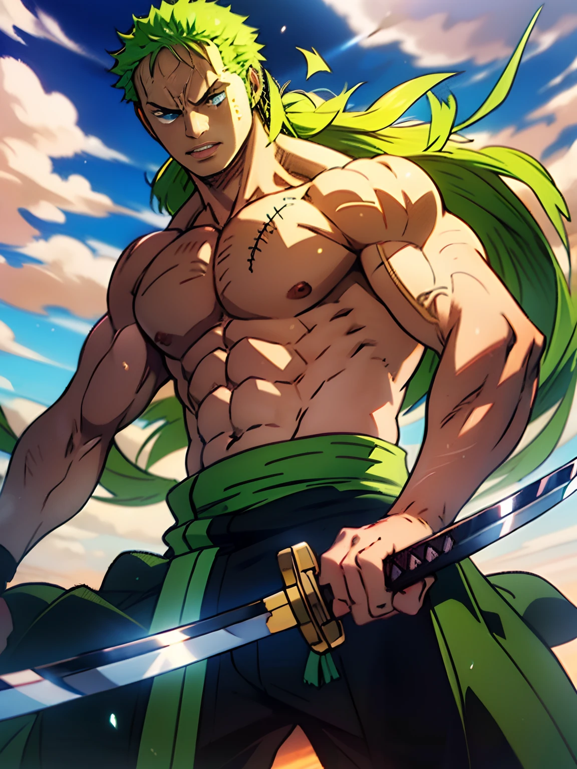 Roronoa Zoro (Masterpiece, 4k resolution, ultra-realistic, very detailed), male, Muscular body, Imposing body, Imposing appearance, muscular arms, muscular legs, only body, trapezoid torso, sturdy body, muscular body, defined round and fleshy pecs, defined washboard ABS, defined arms, defined legs, long GREEN straight hair, (Theme of white samurai, charismatic, there is a swordsman next to a Japanese "isakaya" bar, wearing a blue kimono with cloud details on the "obi" track, he is commander of the first division of the leader of the mugiwara band, work "One Piece"), [ ((19 years), (long green straight hair:1.2), long GREEN straight hair, full body, (blue eyes:1.2), ((Roronoa Zoro's pose), show of strength, unsheathing with one hand his katanas enma), ((Japanese rural environment):0.8)| (rural landscape, at dusk, dynamic lights), (blinded sun)), 1 katana]. # Explanation: Prompt mainly describes a 4k painting of ultra-high definition, LONG GREEN straight hair, very realistic, very detailed. It shows a swordsman, master of the Santoryu style of katanas, wearing a blue kimono with cloud details at the waist band. The subject in the painting is a subject of a white swordsman, holding with one hand his black katana enma, the male protagonist has LONG green straight hair, is 19 years old and his entire defined body is shown in the painting, with characteristics of pumped endomorph.