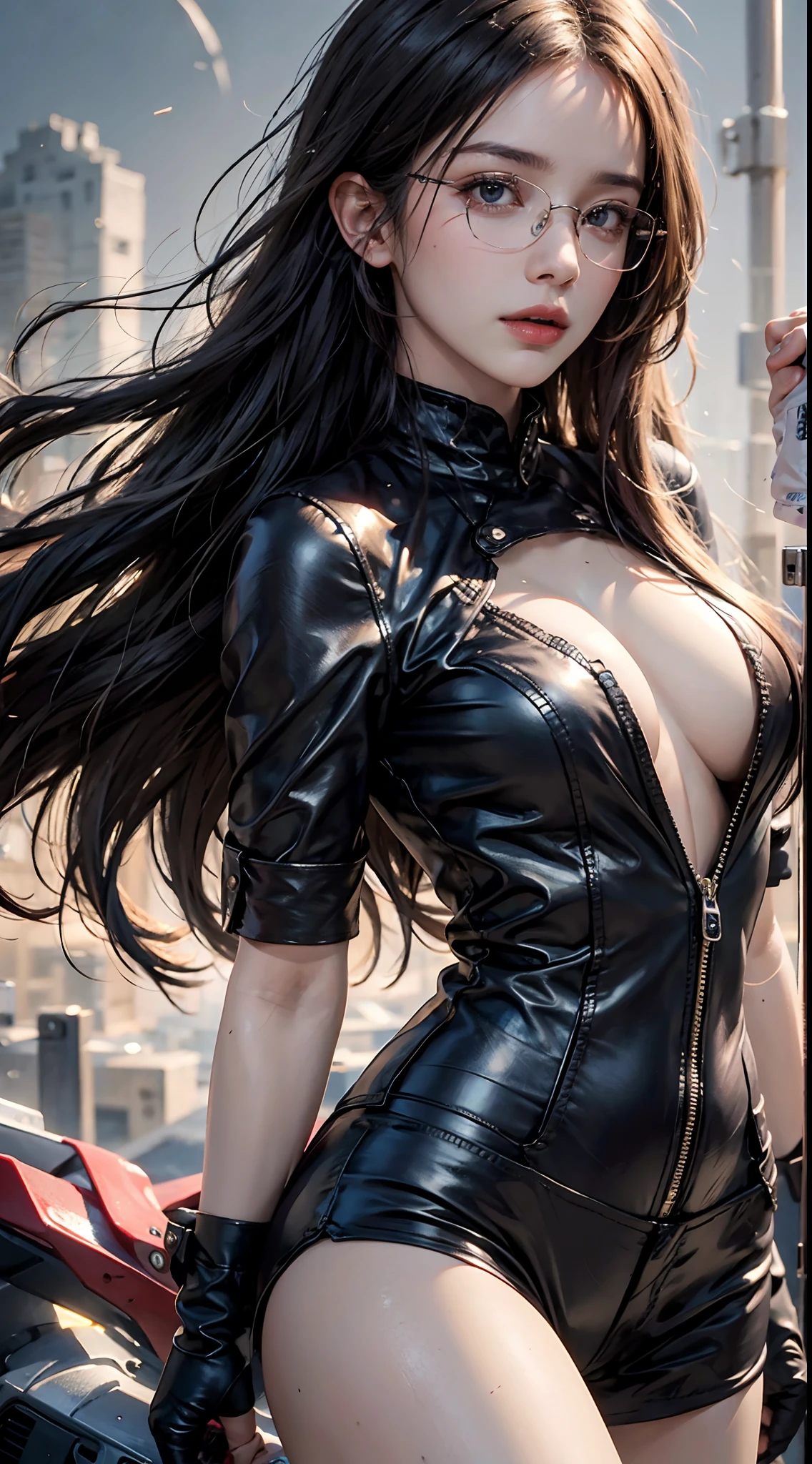 masterpiece, exstreme detailed, best quality, ultra highres, photorealistic, RAW photo, official art, beautiful and aesthetic, CG unity 8k wallpaper, trendy,day lighting, volumetic,1girl, fantasy, high contrast, ink strokes, explosions, over exposure, purple and red tone impression , abstract upper body, cowboy shot, glasses, (masterpiece,best quality:1.5)