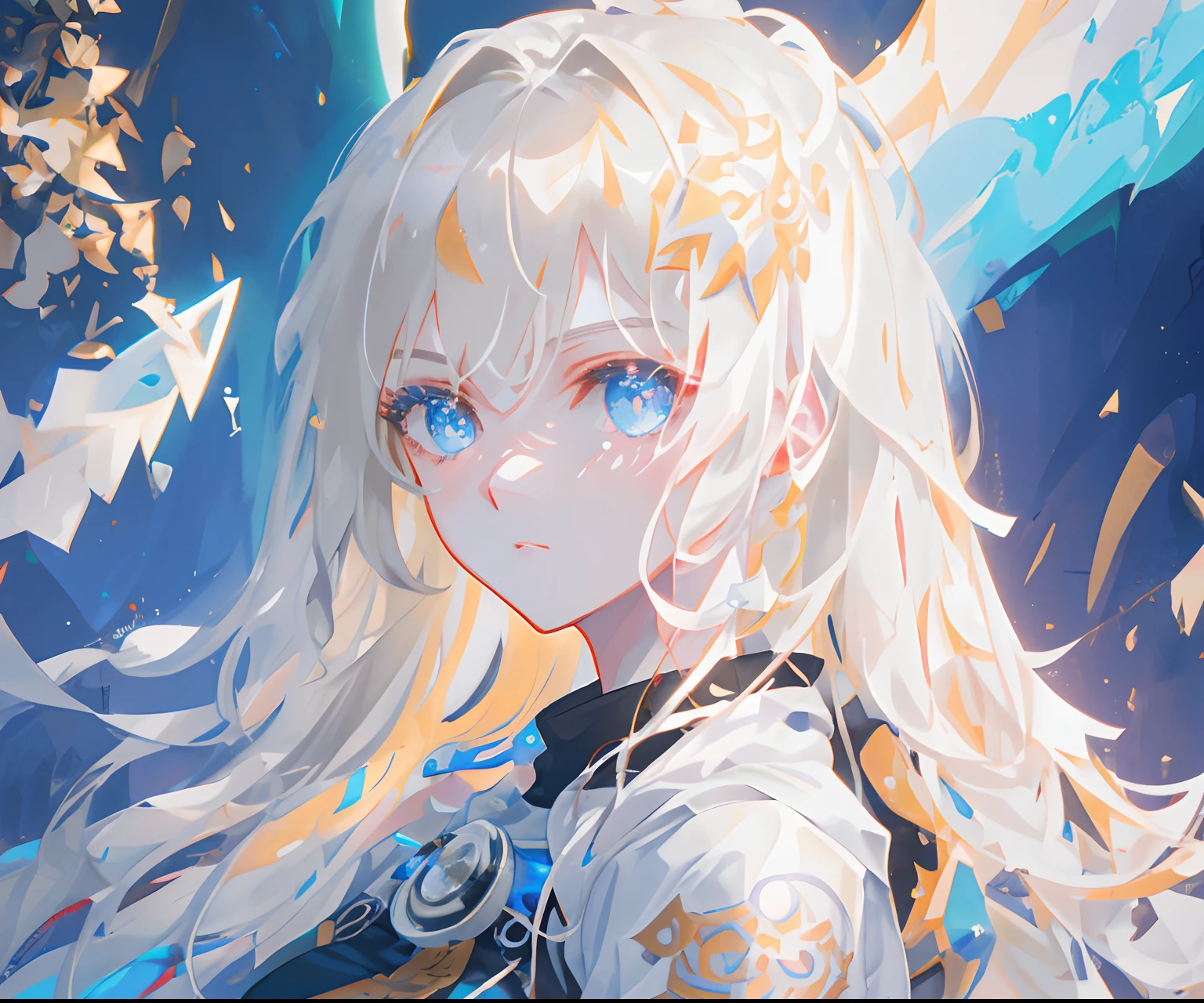 Anime girl with long white hair and blue eyes standing in front of a ...