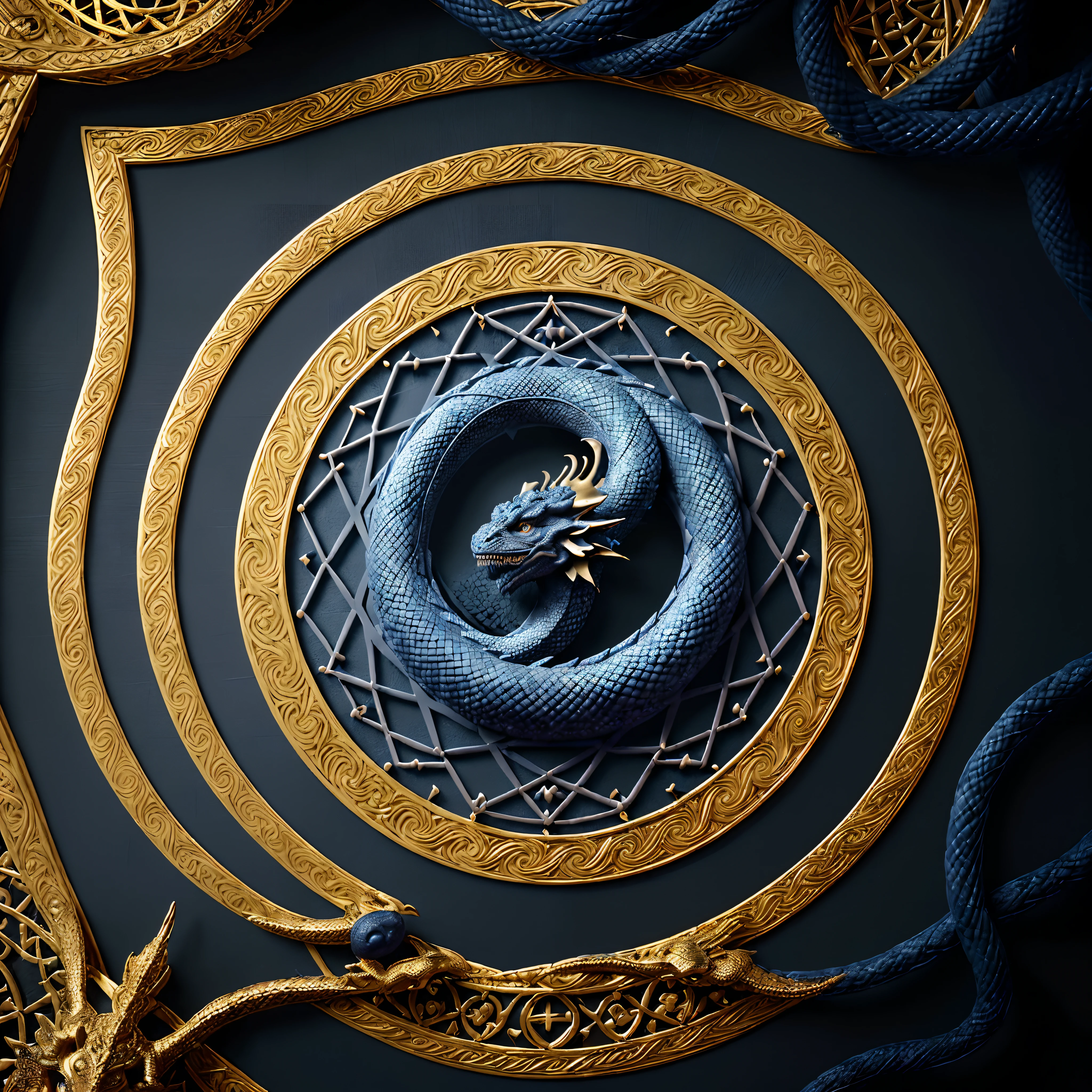 Craft an intricate logo for an Instagram page called 'Den of Gold.' Integrate detailed sacred geometry elements in a mesmerizing indigo hue, elegantly intertwined with the lifelike depiction of a dragon. Use a 1:1 ratio for sizing, ensuring the logo is visually balanced and engaging. Employ a color scheme of gold, white, and black to evoke a sense of grandeur and mystery, capturing the essence of the den's allure