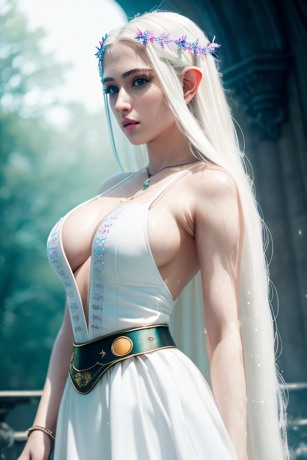 cinematic shot, off center, cinematography, intricately detailed, crafted, meticulous, magnificent, maximum details, extremely hyper aesthetic, (((1girl, solo))), 25age, long hair, Blonde hair, white skin, white hair, dress, Realistic, cleavage, rainbow, wet, sweat, elf