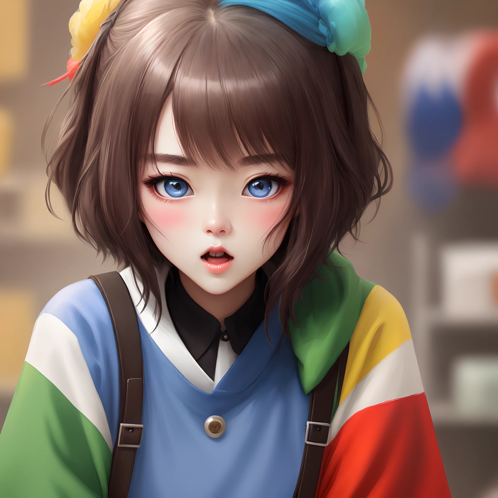 Lovely beautiful girl。Painting style。8K HD quality，Bigchest，Be red in the face。Mouth open，There is transparent mucus on the mouth，Figure-eight eyebrows。perspire。4k高清。Beautiful and detailed eyes。Scared nervous looks。Extensive blush，blackstockings。Warm and cute painting style。Normal humans。Precise proportions