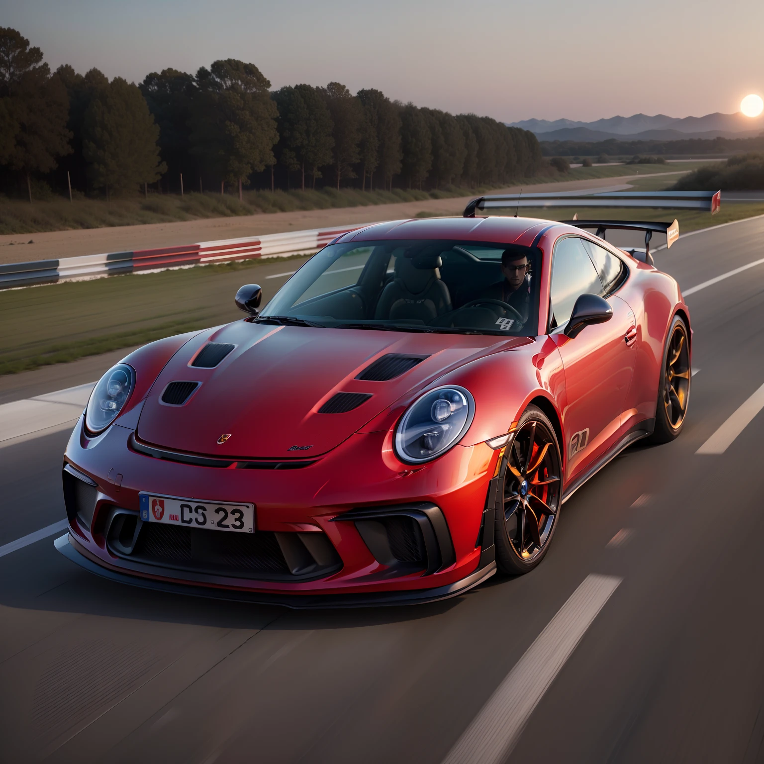 Red 2023 Porsche 911 GT3 photo shoot, The moon illuminated by a long shadow, Light focus,Use a telephoto lens to capture the details of the car in a surreal photographic style, The first quarter of the triangle shot, and fast-motion effects.