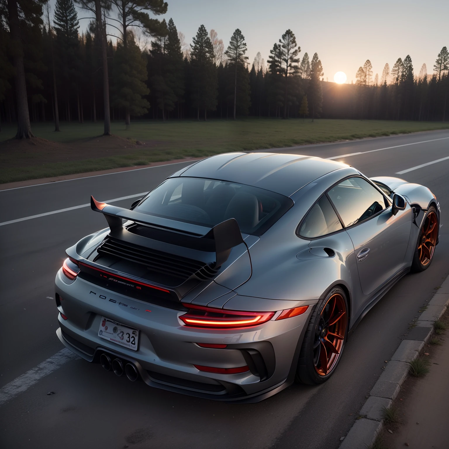 Red 2023 Porsche 911 GT3 photo shoot, The moon illuminated by a long shadow, Light focus,Use a telephoto lens to capture the details of the car in a surreal photographic style, The first quarter of the triangle shot, and fast-motion effects.