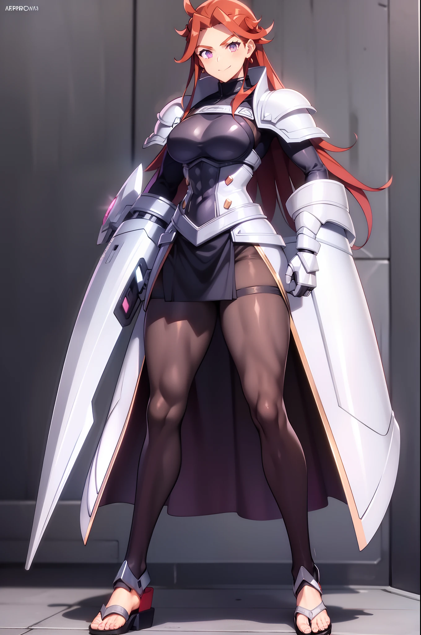 rbykoha, knight armor, long skirt, large skirt, smile, medium breast, full body, flipflops, holding (lance),standing, pants, victorian cloths, pantyhose