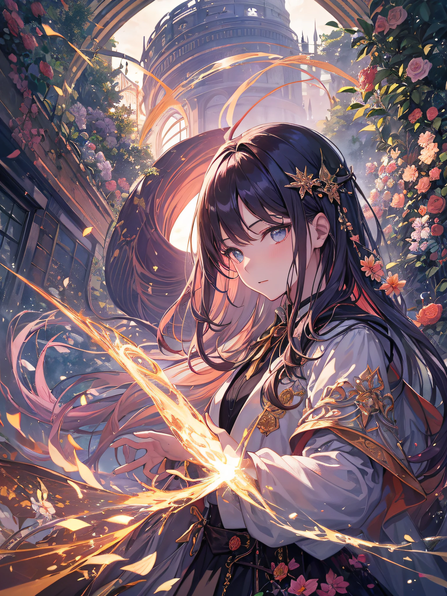 (master masterpiece、best-quality、highest、Official Art、Beautifully Aesthetic:1.2)、(master masterpiece、best-quality、best-quality、Official Art、Beautifully Aesthetic:1.2)、(master masterpiece、best-quality、best-quality、Official Art、Beautifully Aesthetic:1.2)、(1girle:1.3)、highly detail、(Fractal Art:1.3)、colorfull、Supreme Details、「Girl Wizard from Another World」This painting titled、It depicts a girl manipulating magic in an exclusive castle garden。 A beautiful otherworldly castle spreads out in the background、The garden there is、It creates an atmosphere as if it has opened a door to another world..。 At the center of this scene is、Japan elementary school girls standing in elementary school uniforms。Her face is innocent and、It has an expression that makes you want something strongly。In her hand is a luxurious wand.、From that wand is emitting mighty magical powers。Its energy is very powerful、A beam of light makes a large trajectory in the sky。The eyes are developed, realistic and detailed.。The brilliance of the pupil impresses with the strength of the life force。Beautiful fingertips、Shaped like a pianist, and even the nails are reproduced in detail.々Fascinates。 The charm of this painting is、The powerfulness of the girl and the beauty of the garden、E、It skillfully captures the atmosphere of another world.。E、The girl's facial expressions and movements are very realistic.、It has the power to draw the viewer into the moment。 In addition、the light and shadow production is also stunning。The beam of light emitted by the cane is、Illuminate the gardens and castle、pure、Creates a sense of distance from the visible light source to the girl.。Quality produces realistic images、It can convey visual beauty and story appeal at the same time。 This is、Not only visually appealing works、It is a work that further enriches the visual experience by drawing a story.。We think about the theme to the fullest。 The reason is、With its high degree of perfection and、The efforts and passion of artists who were