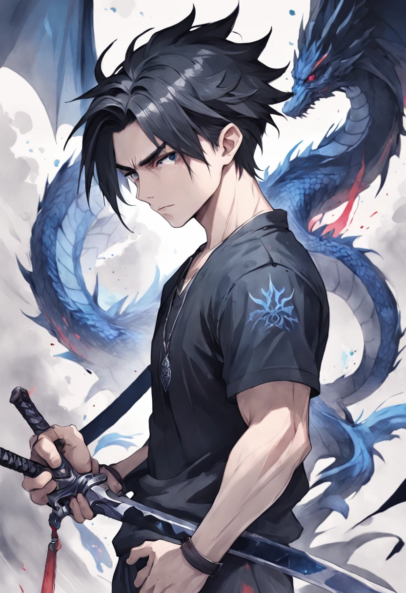 T-shirt design, illustration watercolor, centered artwork, fierce dragon background, watercolor painting style, ))) yasuo, league of legends, yasuo_(league_of_legends), weapon, 1man, solo, male focus, sword, grayscale , ponytail, long hair, manly, fierce, holding, face scar, upper body, incredibly strong, rita rossweisse, gothic colors, tension horror mood, Artlist_Milli-Liter, watercolor style, ink style, sketch style , hand-painted lines, Edge line, ink mark, Pencil line, vivid colors, super realistic, textured skin
