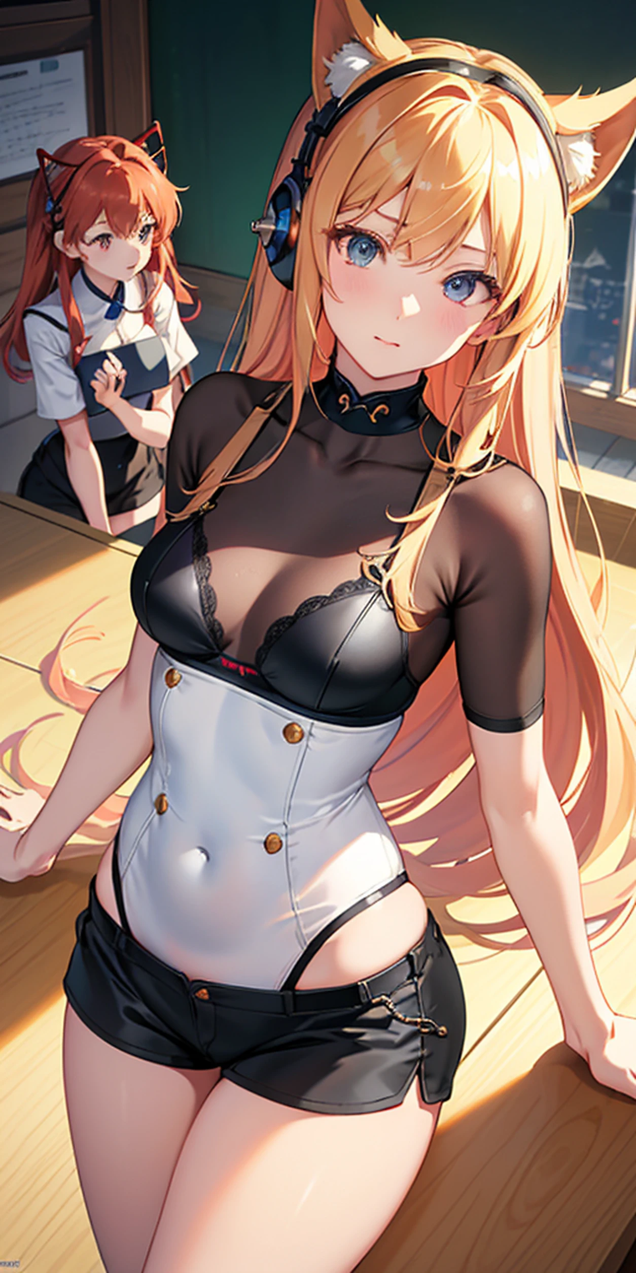 Animated image of two women in classroom holding mirror, anime moe art style, oppai, Fubuki, highly_Detailed!!, small curvy loli, two beautiful anime girls, ((medium breasts⁩, small head)), Sunlight, (Perfect body : 1.1), reddish brown hair, chain, wearing black tanktop, ((Shorts)), (masutepiece), (超A high resolution:1.0), Perfect Lightning, [hight resolution], Ultra-detailed, Sit at the table with your legs open, The fingers of his right hand are stroking his panties, Papillary process, Girls'  Teacher, Translucent black lace bra, Translucent black lace stockings, Slightly fatty, Chinese, Win, Raised sexy, Mature charm, translucent clothes, (Overhead view),dynamic angle,ultra-detailed, illustration, close-up, straight on, 1girl, 
 ((souryuu asuka langley, interface headset, red bodysuit:1.4, blonde)),Her eyes shone like dreamy stars,(glowing eyes:1.233),(beautiful and detailed eyes:1.1),(expressionless,closed mouth),(standing), 
(mechanic room with toolsand spaceship windowin a white SPACESHIP),
(night:1.2),dreamy, [[delicate fingers and hands:0.55]::0.85],(detail fingers),