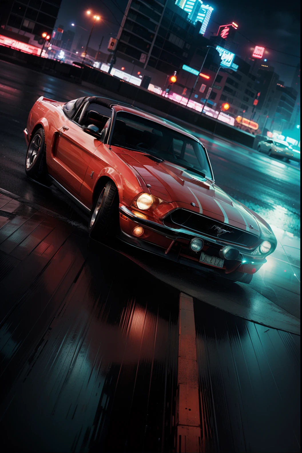 Main Subject: Vintage convertible car (e.g., classic red Mustang)
View Angle: Top-down, capturing open-roof freedom
Main Feature: Artistic illustration with detailed linework
Inspiration/Style: Retro comic book art meets modern aesthetics
Scene Position: Cruising through a neon-lit futuristic city
Background/Location: Futuristic cyberpunk metropolis
Scene Composition: Car slightly off-center, cityscape in focus
Lighting: Neon lights and rain-slicked streets, reflections
Post-Processing: Comic book halftone effect, dynamic lighting
Reference/Artist: Bruce Timm, Katsuhiro Otomo
Lens: 35mm lens, capturing the urban vibe