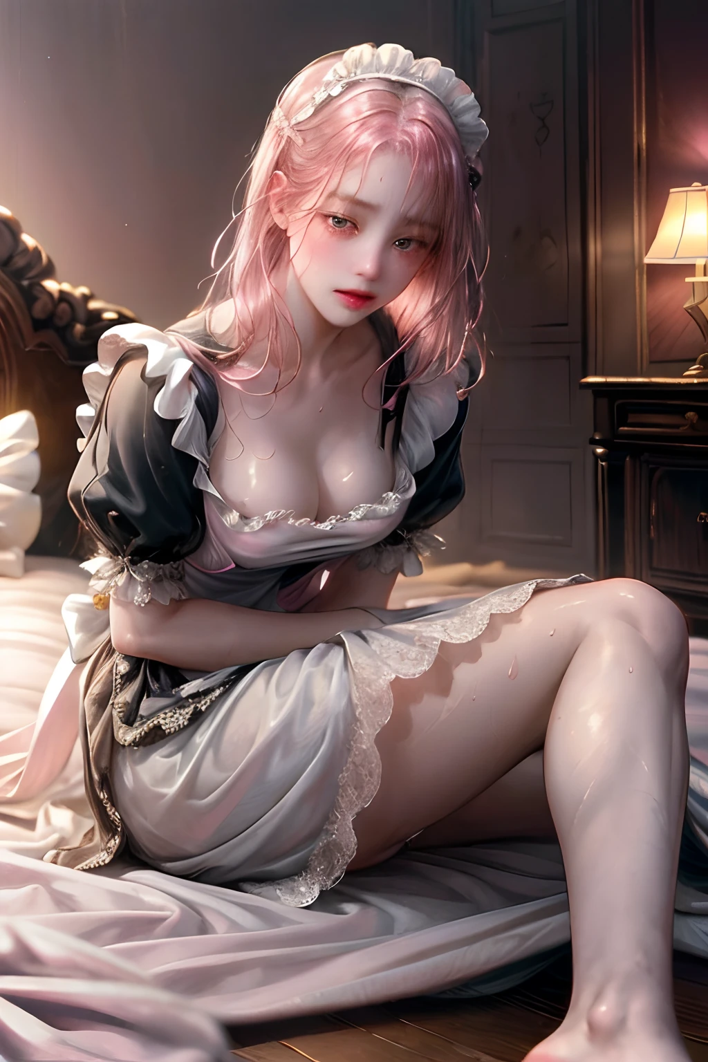 Young maid of one of the nobles、((Viewer's Perspective))、(((Monotone Maid Clothes)))Normal breasts、sweat-wet skin、on the beds、Wide legs open、((Brothels))、(((Pink lighting)))