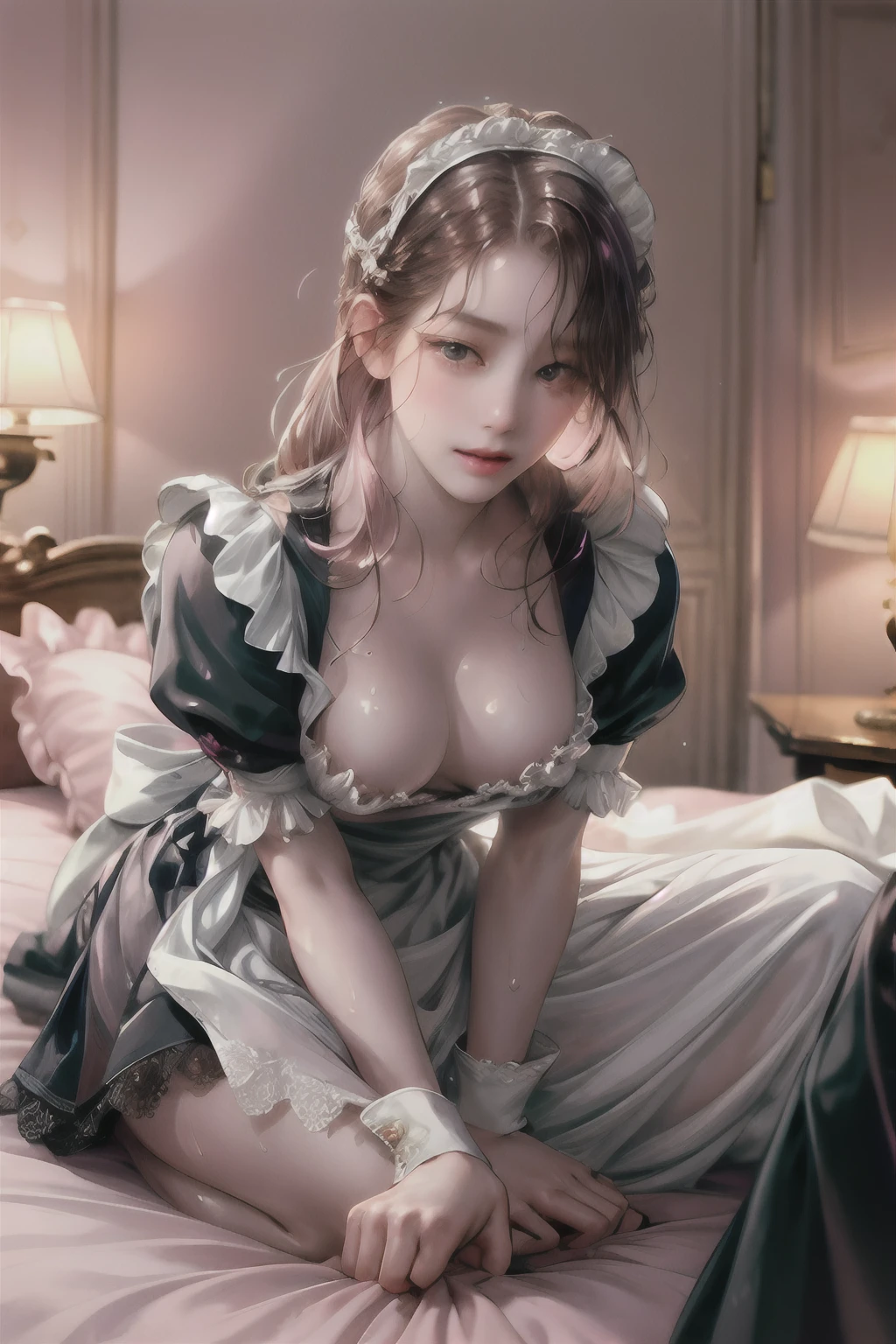 Young maid of one of the nobles、((Viewer's Perspective))、(((Monotone Maid Clothes)))Normal breasts、sweat-wet skin、on the beds、Wide legs open、((Brothels))、(((Pink lighting)))