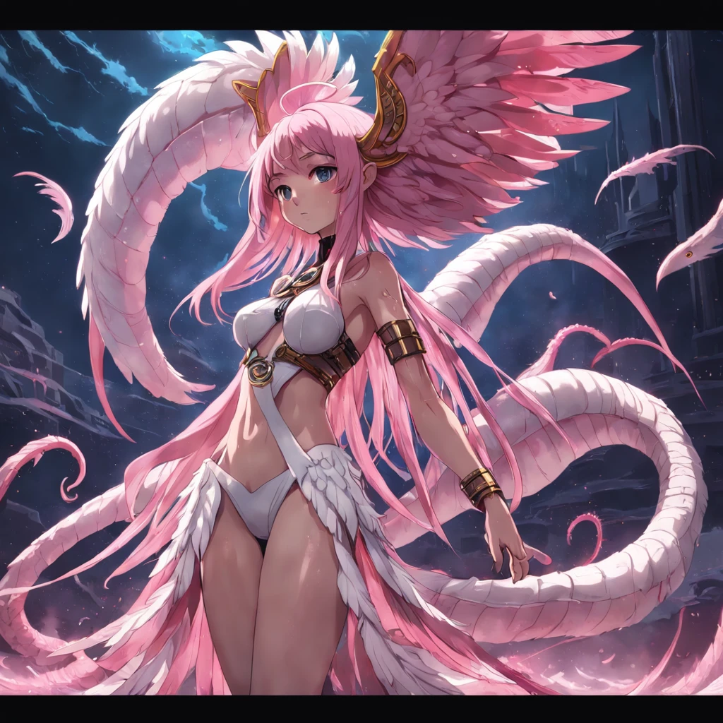 cephalopod, punk scaled tentacles with white feathers, Egyptian-like, pink long beak, deity of storms and chaos, masterpiece, Best Quality