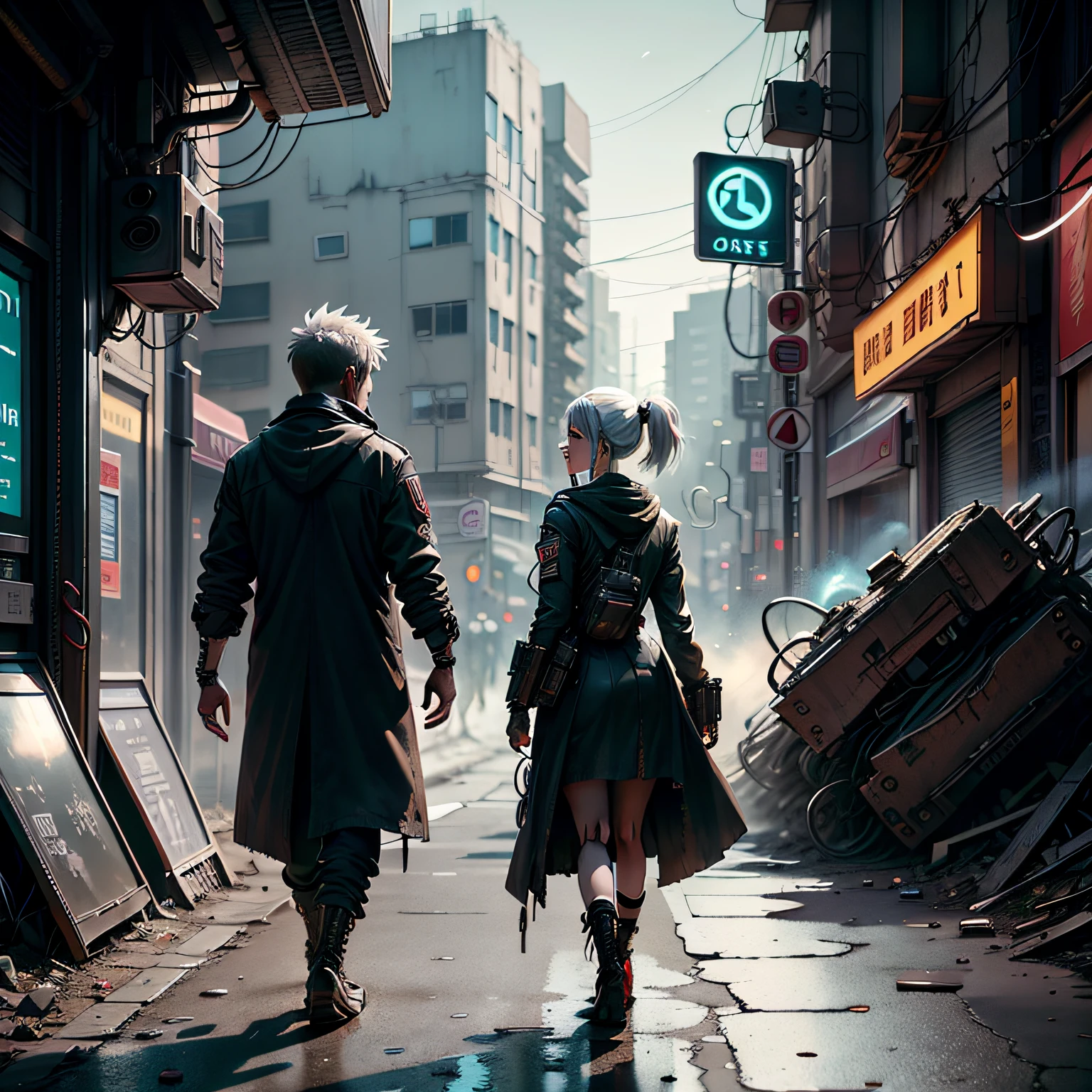 Anime style，Cyberpunk post-apocalyptic scenario，Fresh maiden，with short white hair，Wear an overcoat，Leg scars and loose bandages。I am walking leisurely through the streets，Surrounded by a scene of ruins of the city。Hint at the existence of high-end technology。