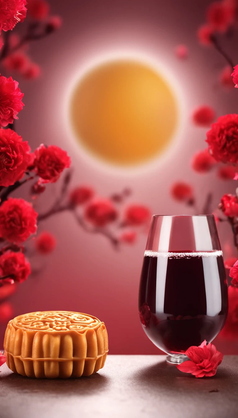 Commercial shooting, Cantonese egg yolk mooncakes, Mooncake size, red wine, wineglass, poster for, Fresh style background, elegant, Booth lighting, Attractive, photorealistic colors, Ultra HD