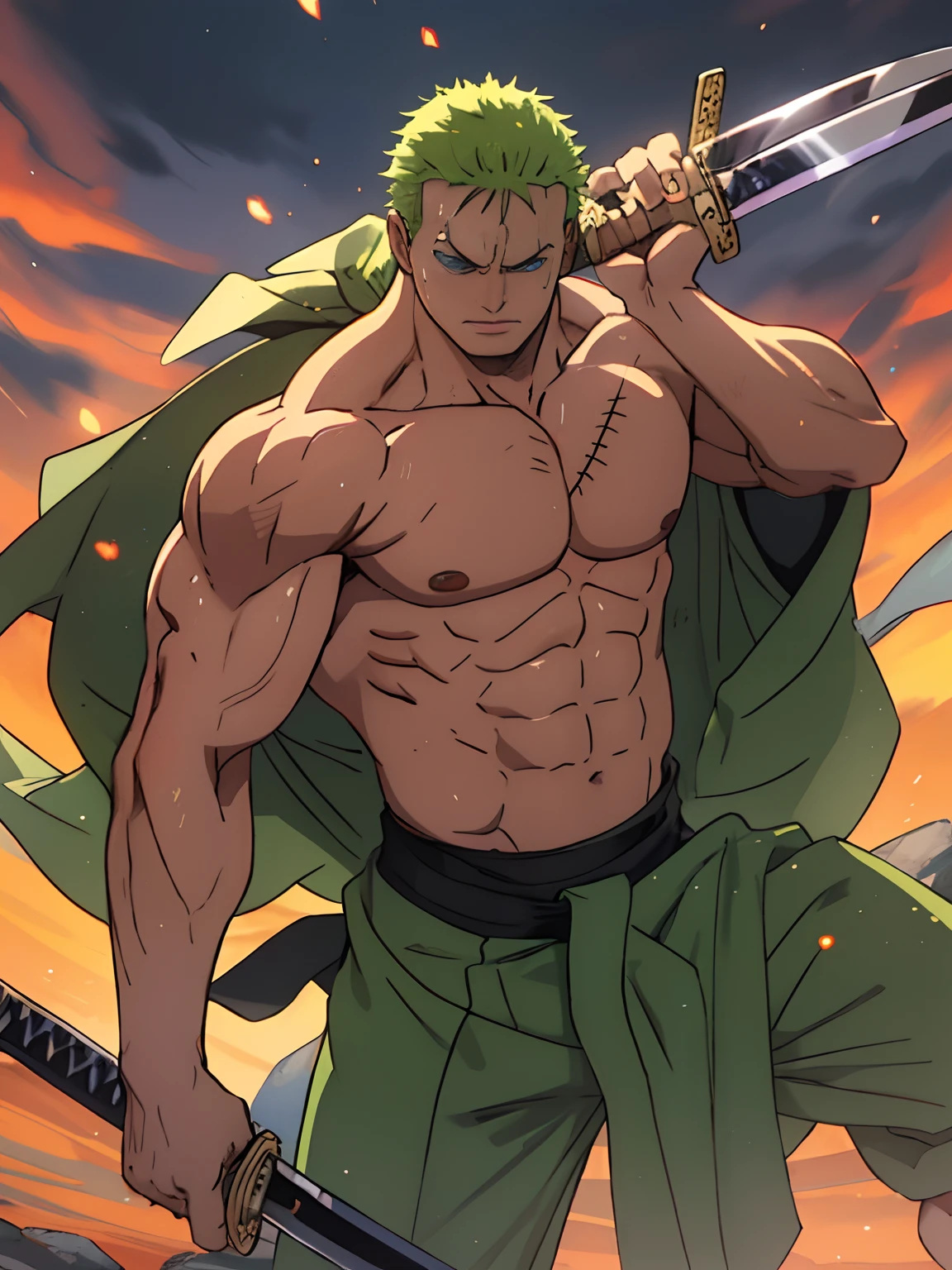 anime character with green hair and a sword in front of a fire, roronoa zoro, handsome guy in demon slayer art, amazing wallpaper, badass anime 8 k, 4 k manga wallpaper, trending wallpaper, anime wallaper, mobile wallpaper, official art, key anime art, anime character, best anime character design, anime wallpaper 4 k, marvelous expression