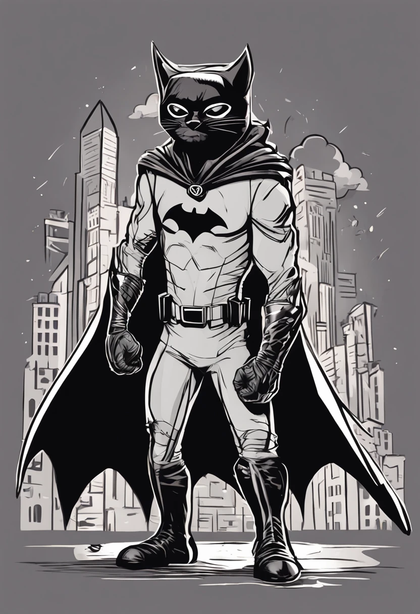 An anthropomorphic cat walking upright wearing a bat-themed superhero costume. He wears a tight black suit with cape, mask with pointed ears and bat logo on the chest. Pointy black boots and clawed gloves on his paws. He maintains a confident and crafty expression. The background is a nocturnal city with alert signal in the sky. The scene conveys mystery and justice, (((Masterpiece, extremely detailed, photorealistic, cinematic lighting, 8K, dramatic perspective))).