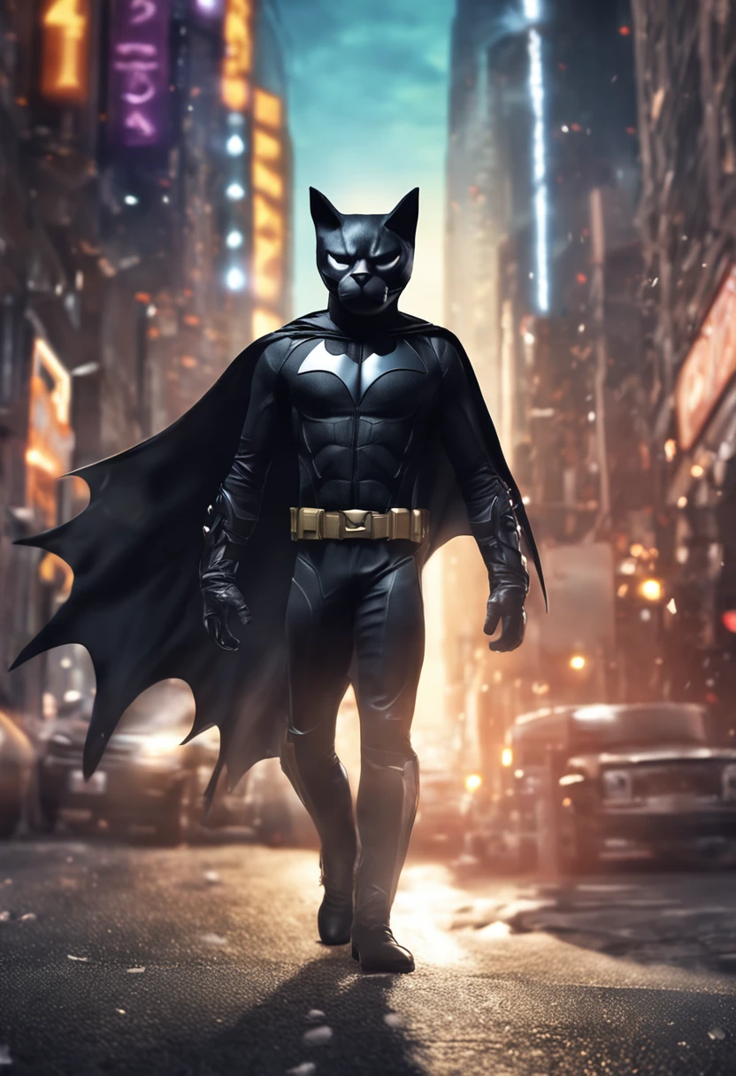 An anthropomorphic cat walking upright wearing a bat-themed superhero costume. He wears a tight black suit with cape, mask with pointed ears and bat logo on the chest. Pointy black boots and clawed gloves on his paws. He maintains a confident and crafty expression. The background is a nocturnal city with alert signal in the sky. The scene conveys mystery and justice, (((Masterpiece, extremely detailed, photorealistic, cinematic lighting, 8K, dramatic perspective))).