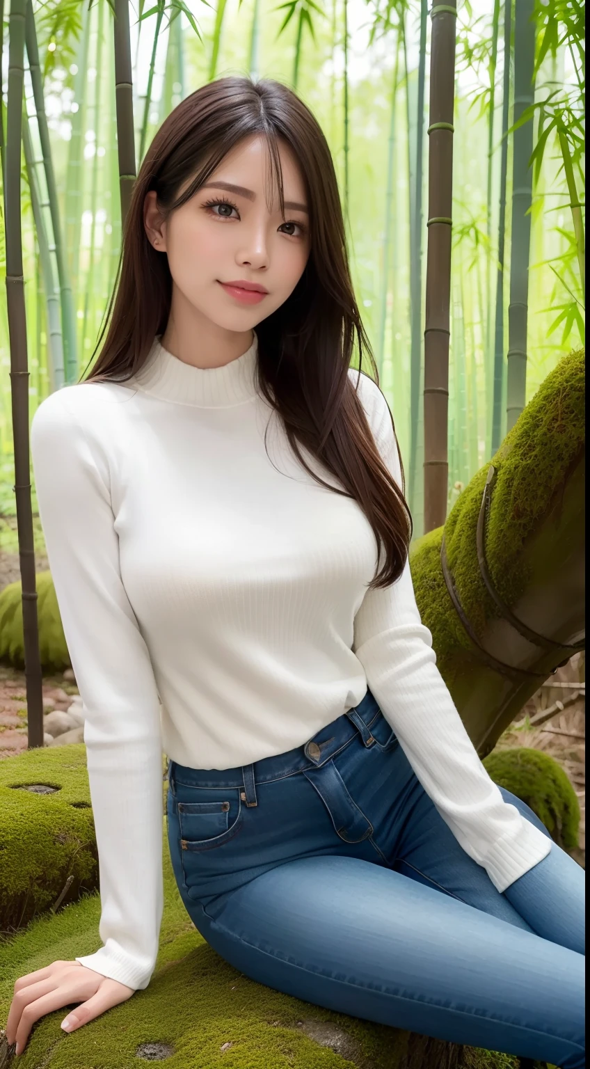 a pregirl,looking at viewert,Tight sweater,skintight jeans,photore, realisticlying, Best quality at best, 详细的脸,Detailed eyes,Sitting on the mossy ground in a bamboo forest, diffuselighting, depth of fields