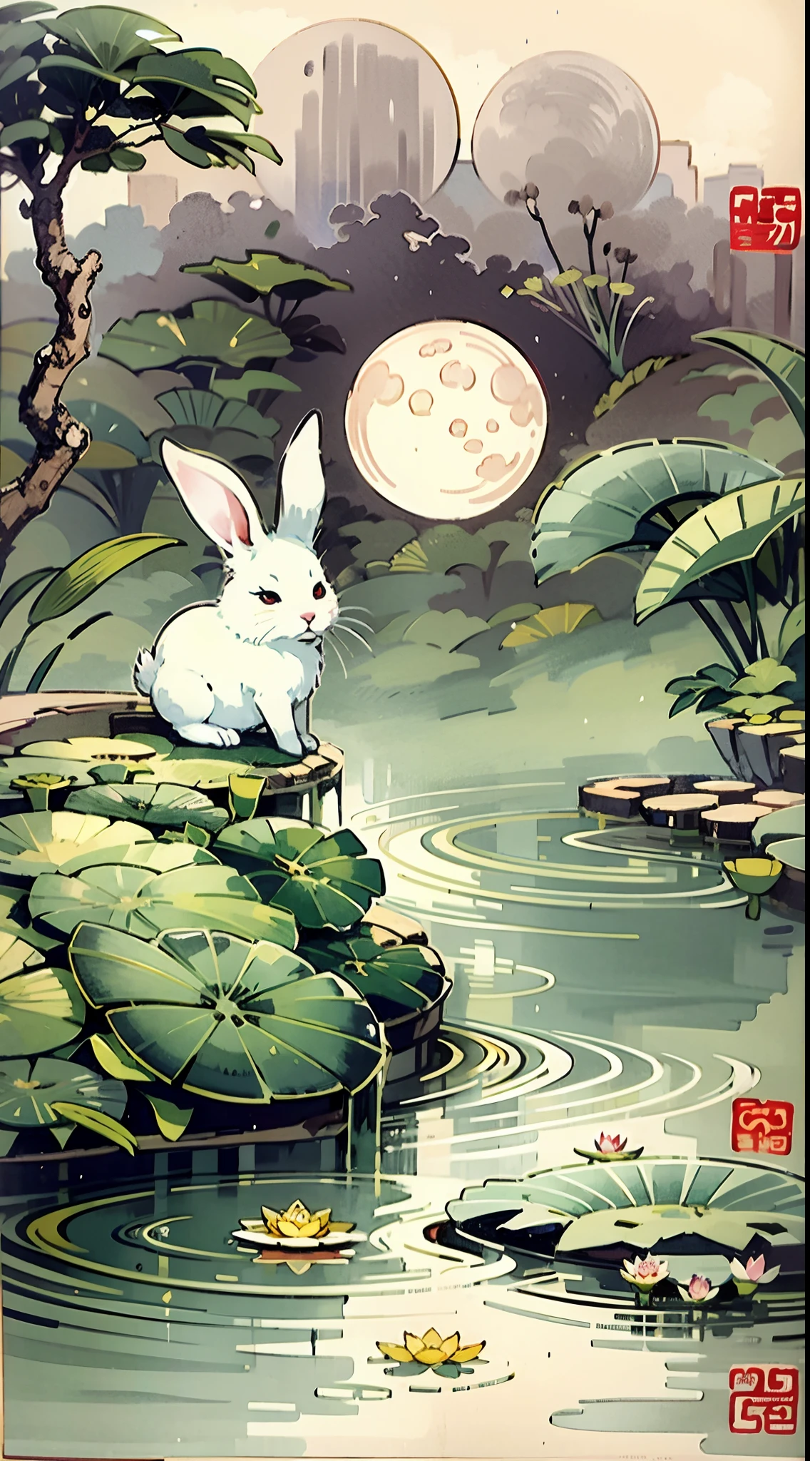 Chinese style ink painting、Huge Full Moon，Tranquil lotus pond、In ancient wonderland，A white rabbit stands on a lotus leaf，Look up at the moon in the sky。There is a plate of mooncakes on the stone by the pond，High quality paintings