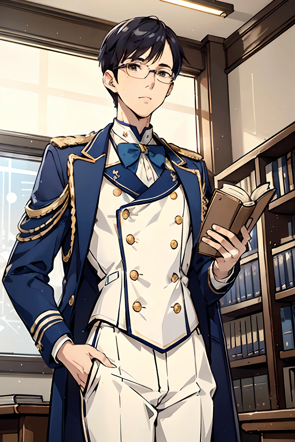 Elite school uniform, blue white gold uniform, dark blue pants, white double-breasted style jacket, gold buttons, blue accents, young men, 20 years, short back hair, glasses, skinny, light brown eyes, weak, tall, nerd, shy, books in hand, masterpiece, classroom background, school